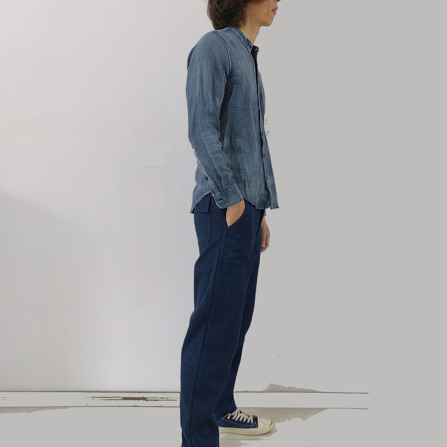 Indigo blue sashiko pants plant dye sashiko cotton made trousers retro style regular fit pants squared pocket pants