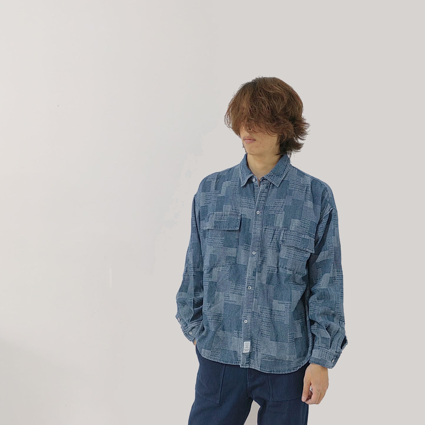 Denim Patchwork Weave Long Sleeves Shirt Unisex Pocket Shirt sloping Pocket AMEKAJI Denim washed Shirt Jean button down denim Pocket shirt