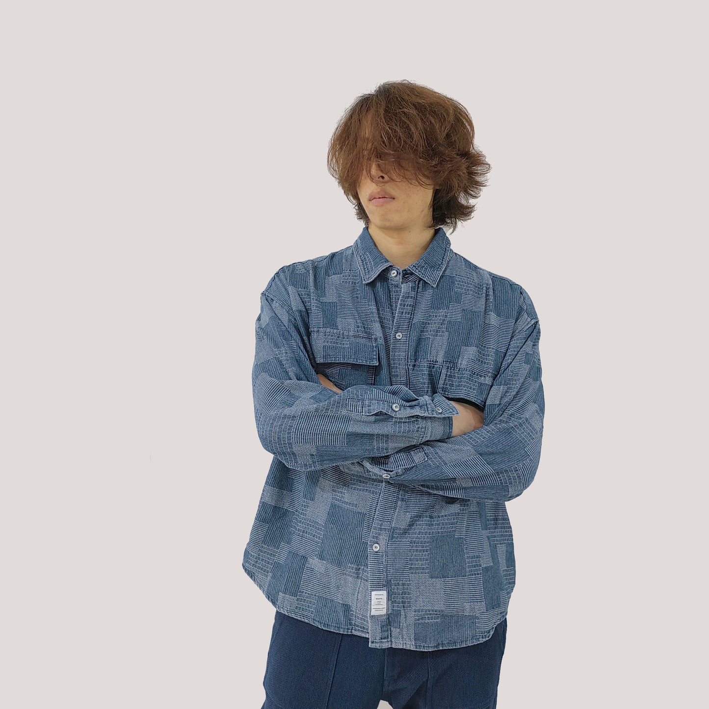 Denim Patchwork Weave Long Sleeves Shirt Unisex Pocket Shirt sloping Pocket AMEKAJI Denim washed Shirt Jean button down denim Pocket shirt