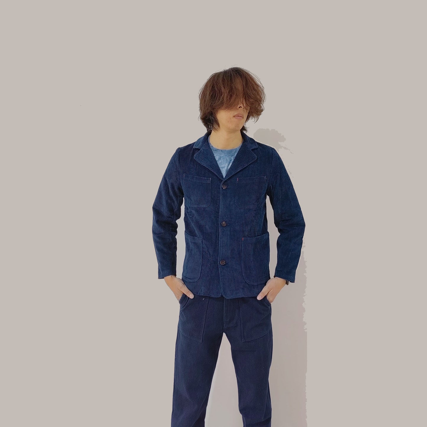 Retro French Work Jacket cotton corduroy Fabric loose fitTailored Jacket Indigo Blue Hand Dye Fabric Fitted Jacket Workwear suit Neza Studio