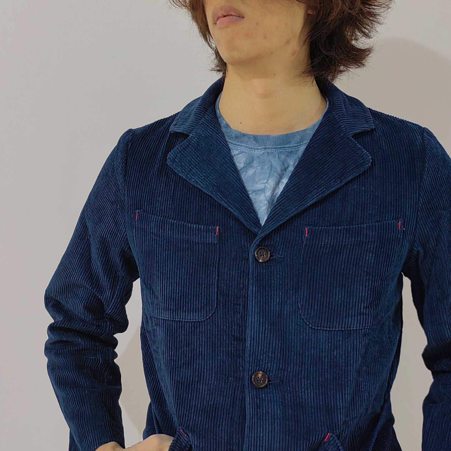 Retro French Work Jacket cotton corduroy Fabric loose fitTailored Jacket Indigo Blue Hand Dye Fabric Fitted Jacket Workwear suit Neza Studio