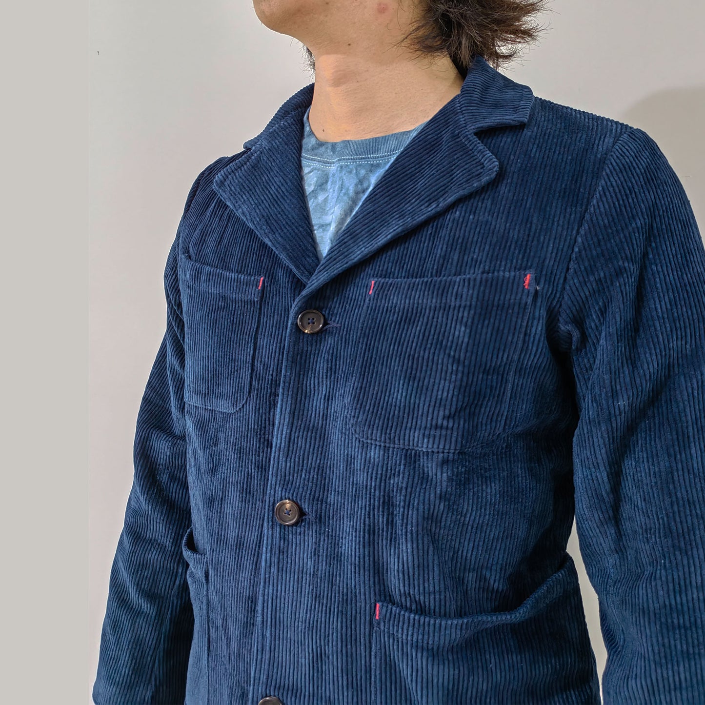 Retro French Work Jacket cotton corduroy Fabric loose fitTailored Jacket Indigo Blue Hand Dye Fabric Fitted Jacket Workwear suit Neza Studio