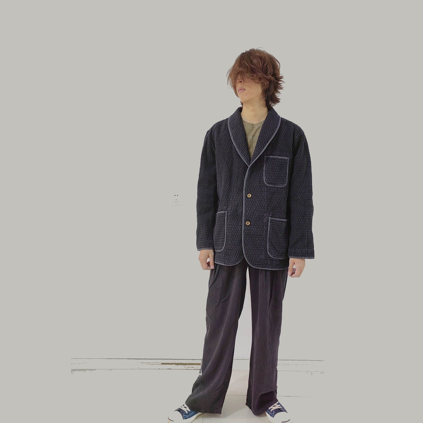 Washed black cotton smoking jacket men's oversize jacket with shawl collar 3D texture thick cotton coat loose fit men's jacket cotton coat