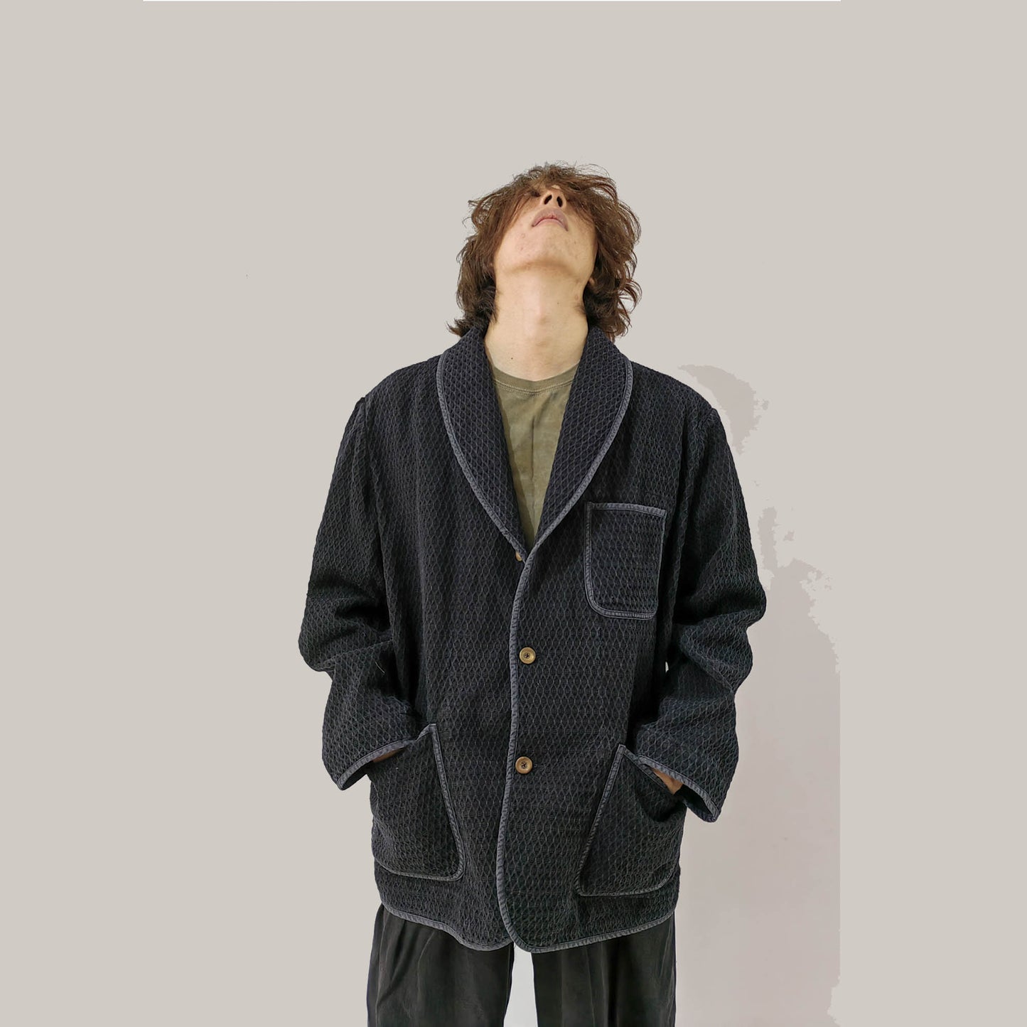 Washed black cotton smoking jacket men's oversize jacket with shawl collar 3D texture thick cotton coat loose fit men's jacket cotton coat