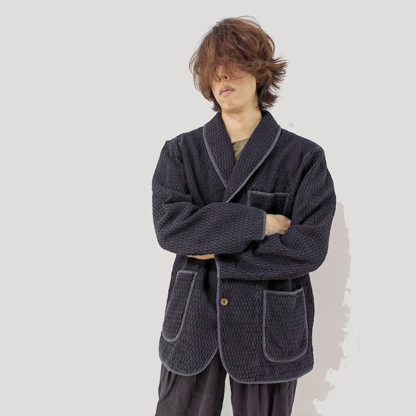 Washed black cotton smoking jacket men's oversize jacket with shawl collar 3D texture thick cotton coat loose fit men's jacket cotton coat
