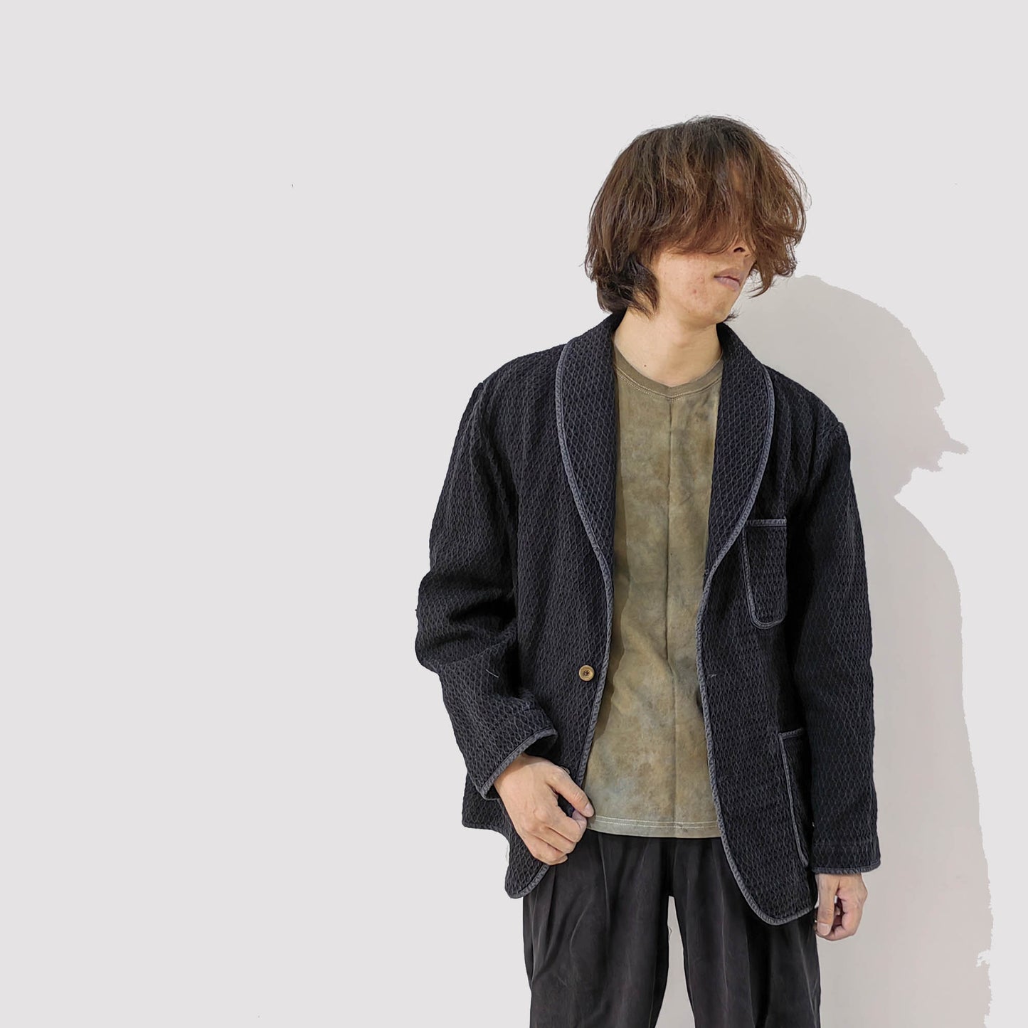 Washed black cotton smoking jacket men's oversize jacket with shawl collar 3D texture thick cotton coat loose fit men's jacket cotton coat