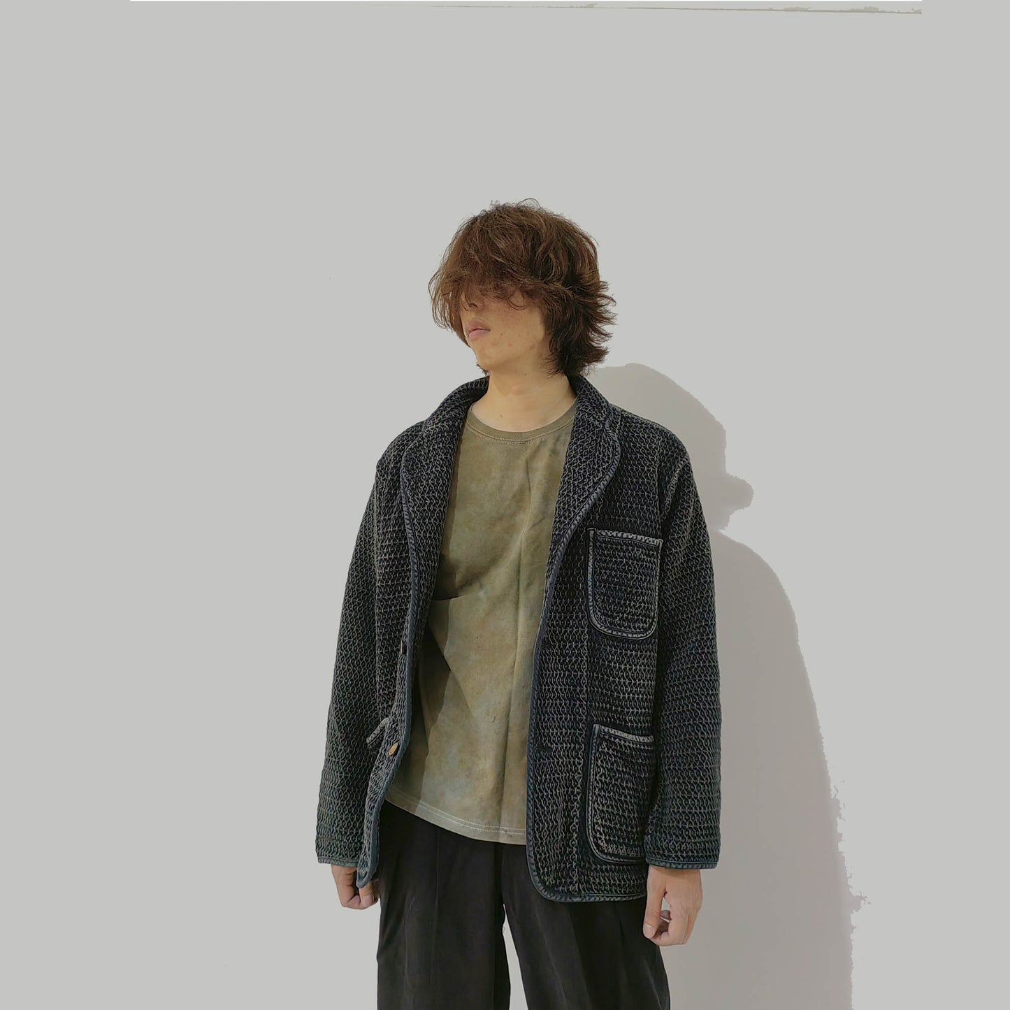 Washed black 3D texture oversized jacket baggy fit off shoulder retro jacket loose fit jacket