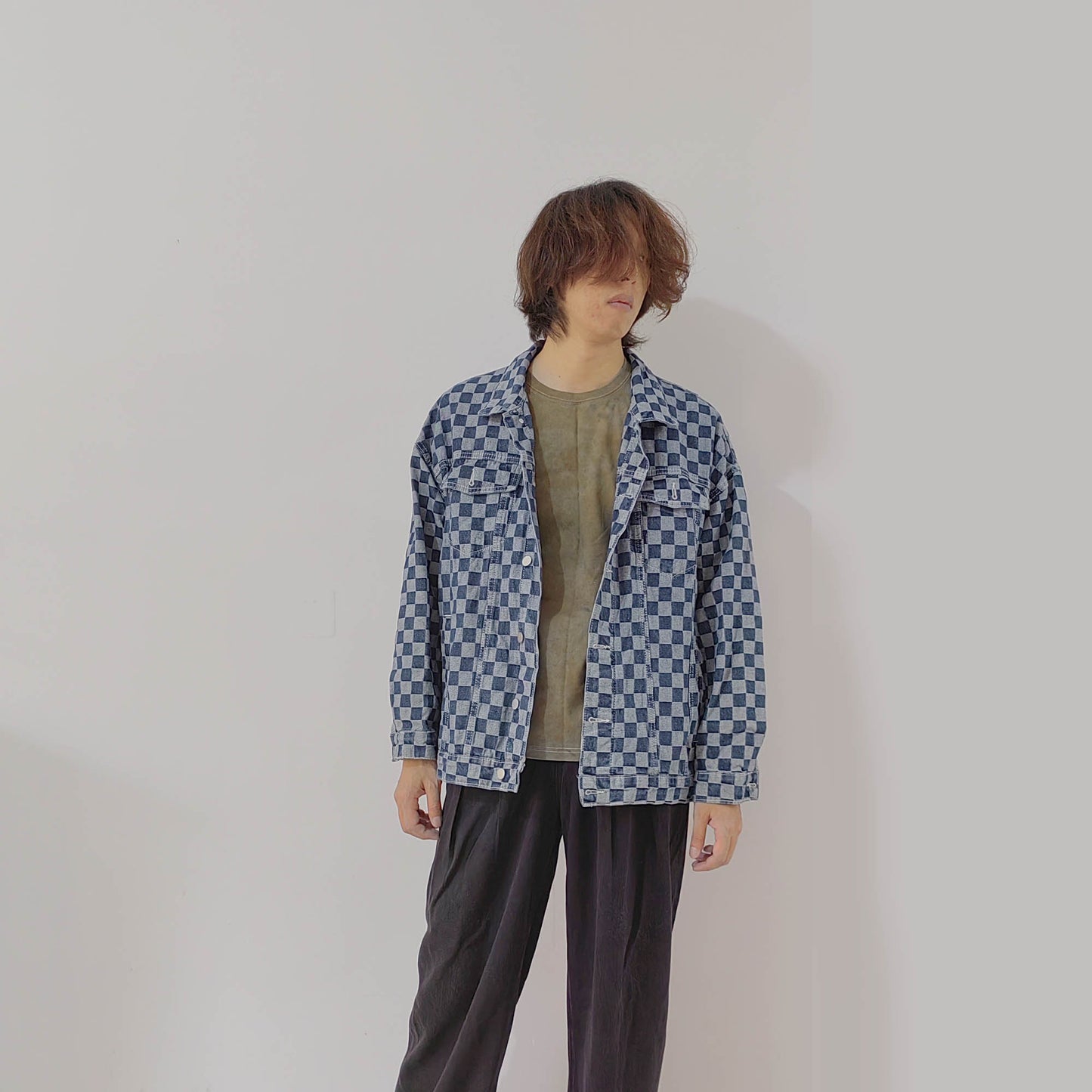 Denim jacket check motif denim jacket check jacquard denim jacket checkerboard denim men's loose fit denim top oversize denim jacket