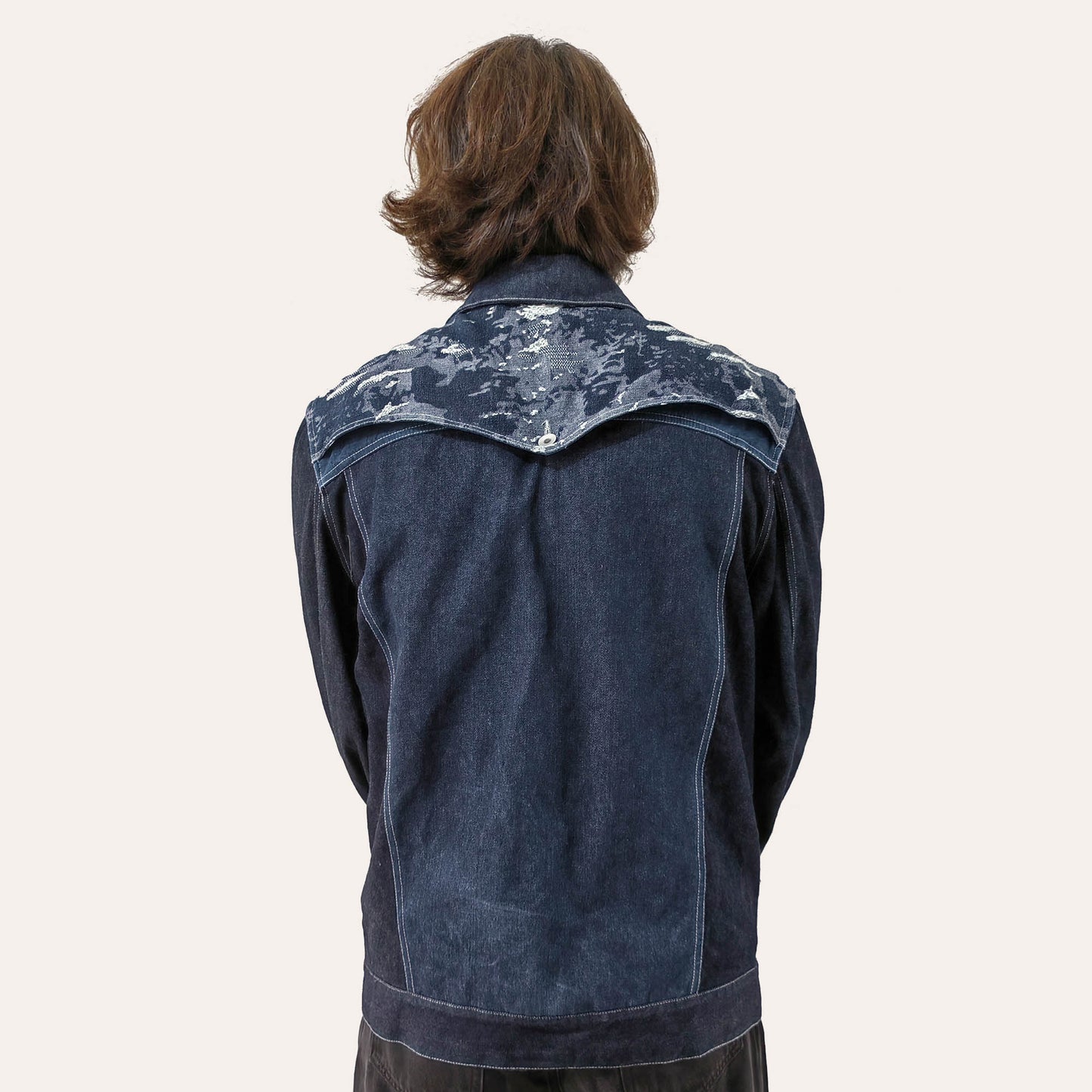 Denim jacket with double extra shoulder yoke layer Indigo blue denim with white stitching thread indigo denim with large pockets