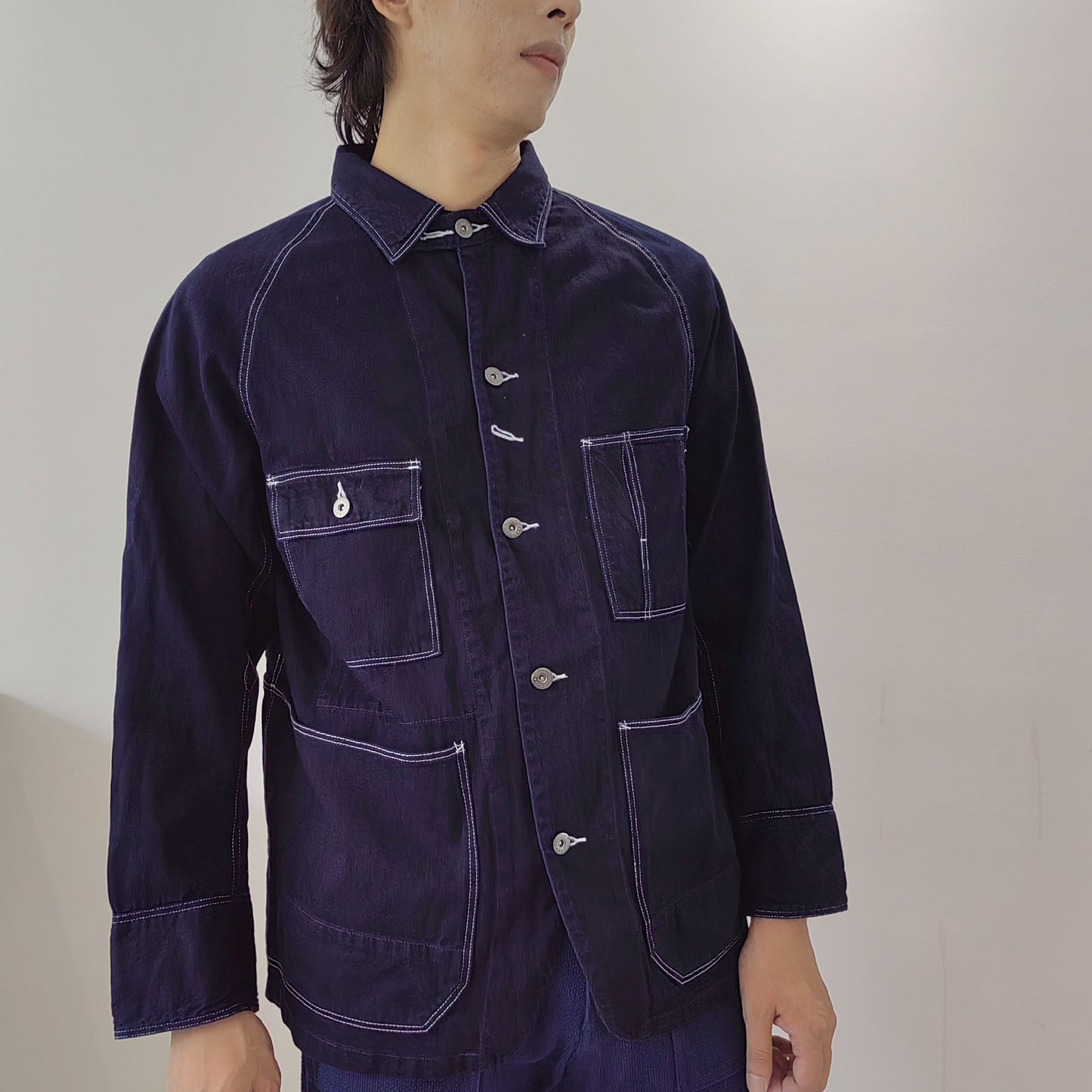 Indigo blue denim jacket Raglan sleeves denim jacket with white stitching deep blue denim jacket with pockets