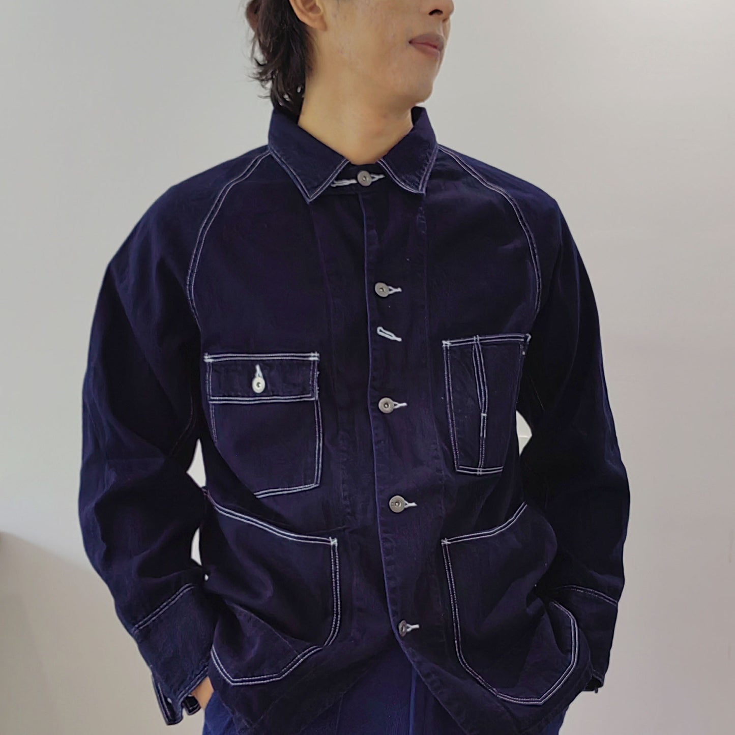 Indigo blue denim jacket Raglan sleeves denim jacket with white stitching deep blue denim jacket with pockets