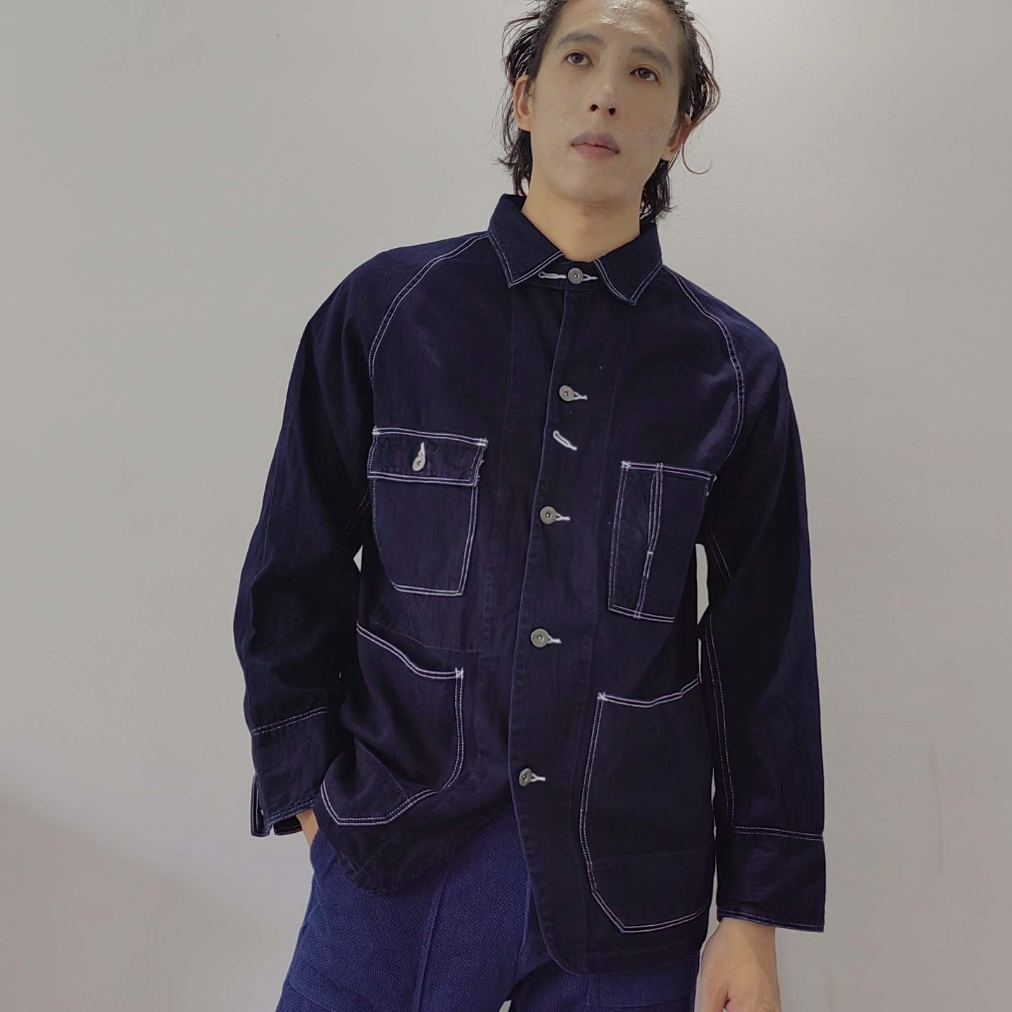 Indigo blue denim jacket Raglan sleeves denim jacket with white stitching deep blue denim jacket with pockets