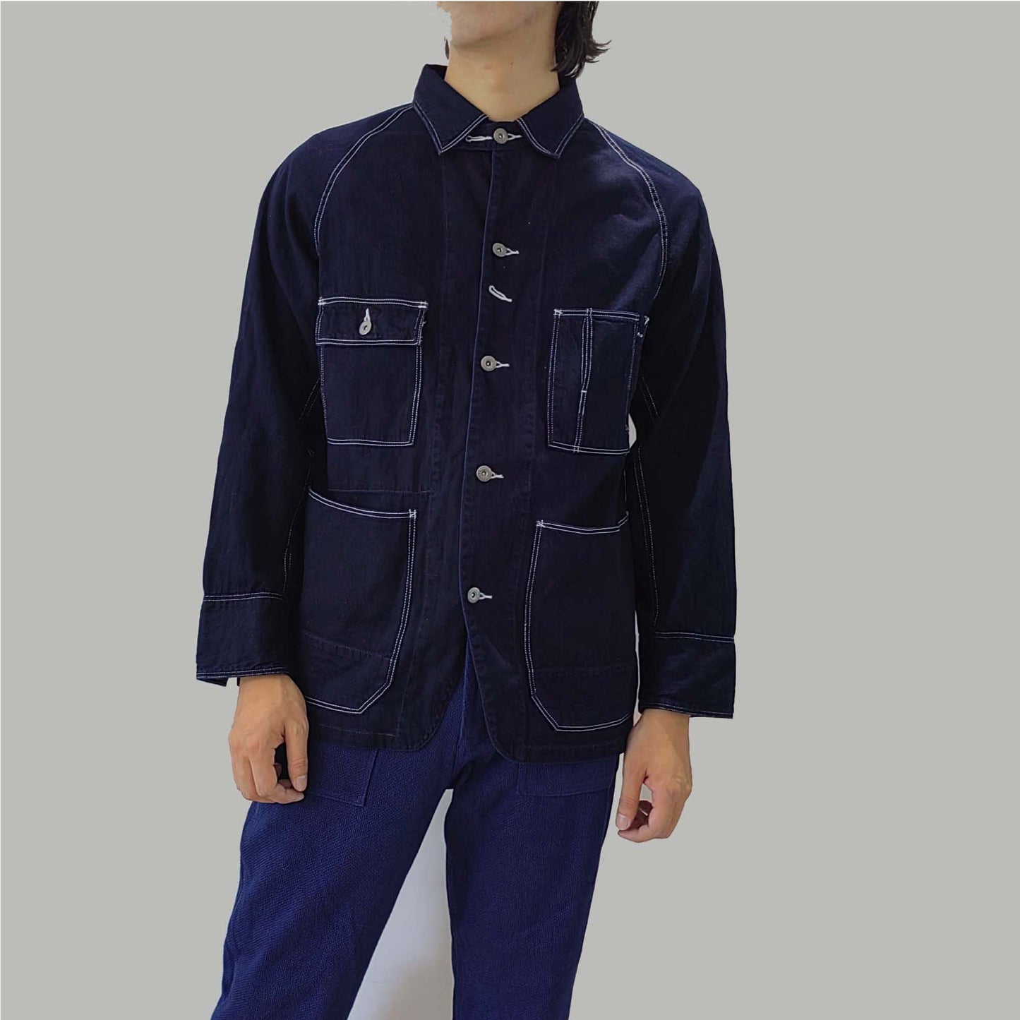 Indigo blue denim jacket Raglan sleeves denim jacket with white stitching deep blue denim jacket with pockets