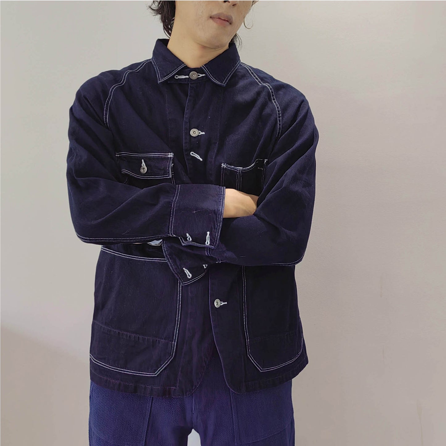 Indigo blue denim jacket Raglan sleeves denim jacket with white stitching deep blue denim jacket with pockets