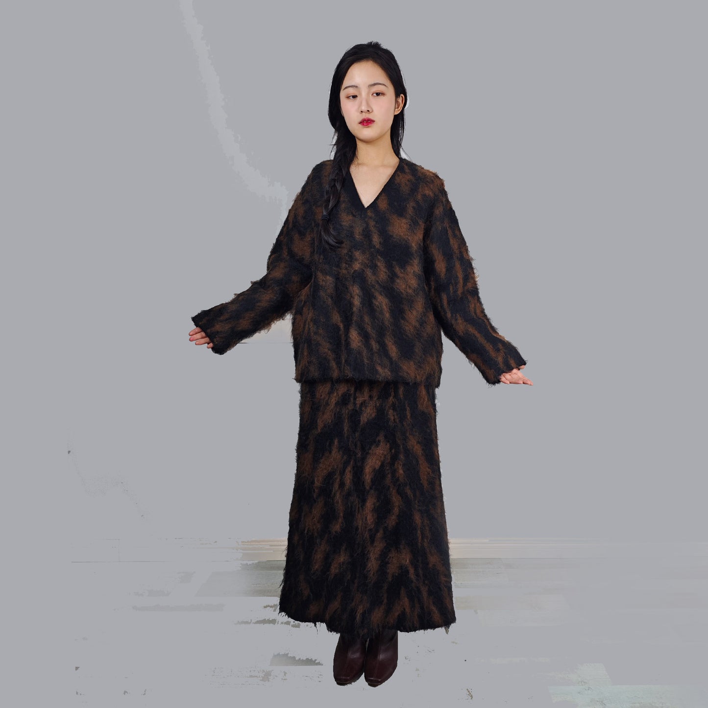 Wool mohair oversized sweater and skirt set loose fit knitted blouse over sized fit mohair blouse winter skirt dark brown Maillard style