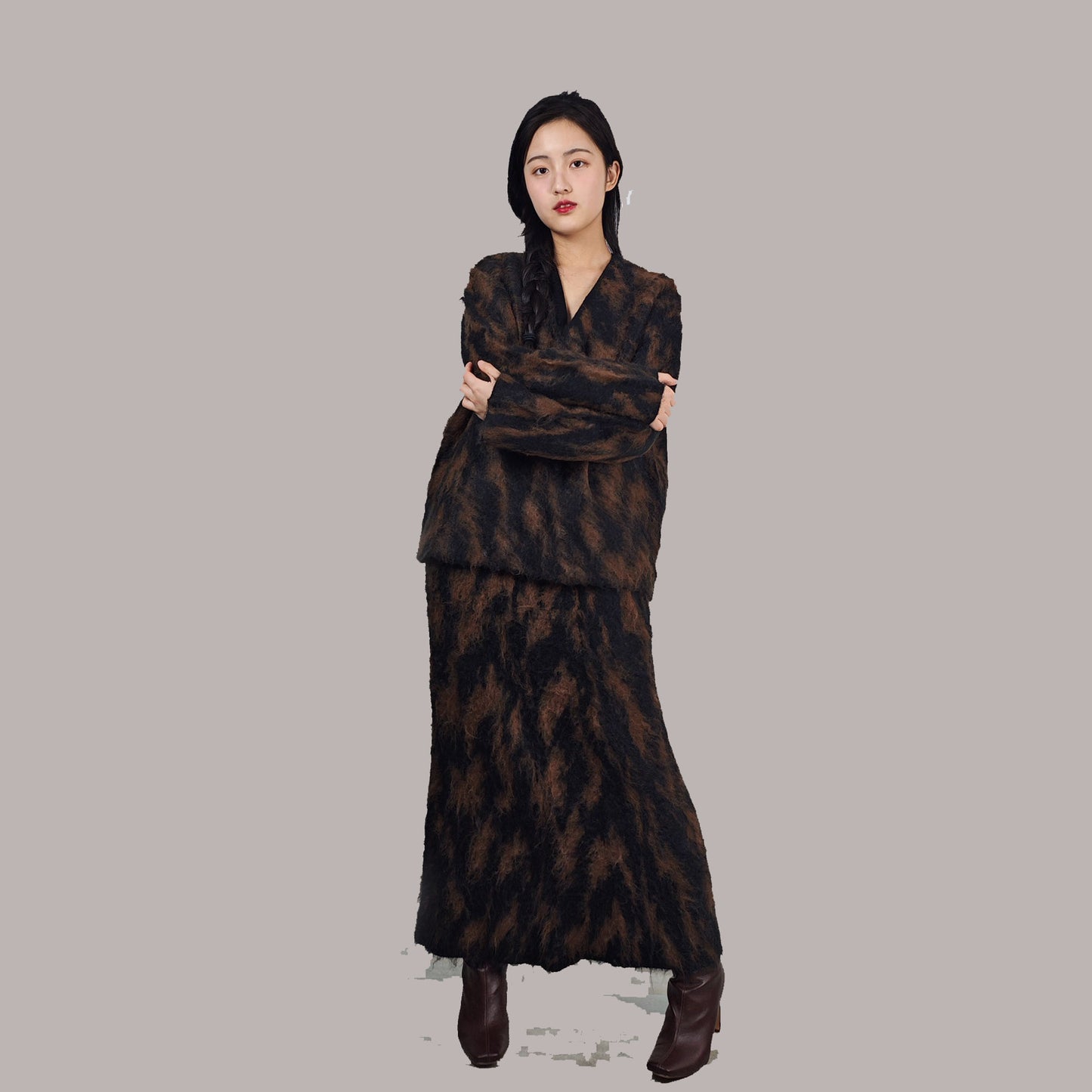 Wool mohair oversized sweater and skirt set loose fit knitted blouse over sized fit mohair blouse winter skirt dark brown Maillard style