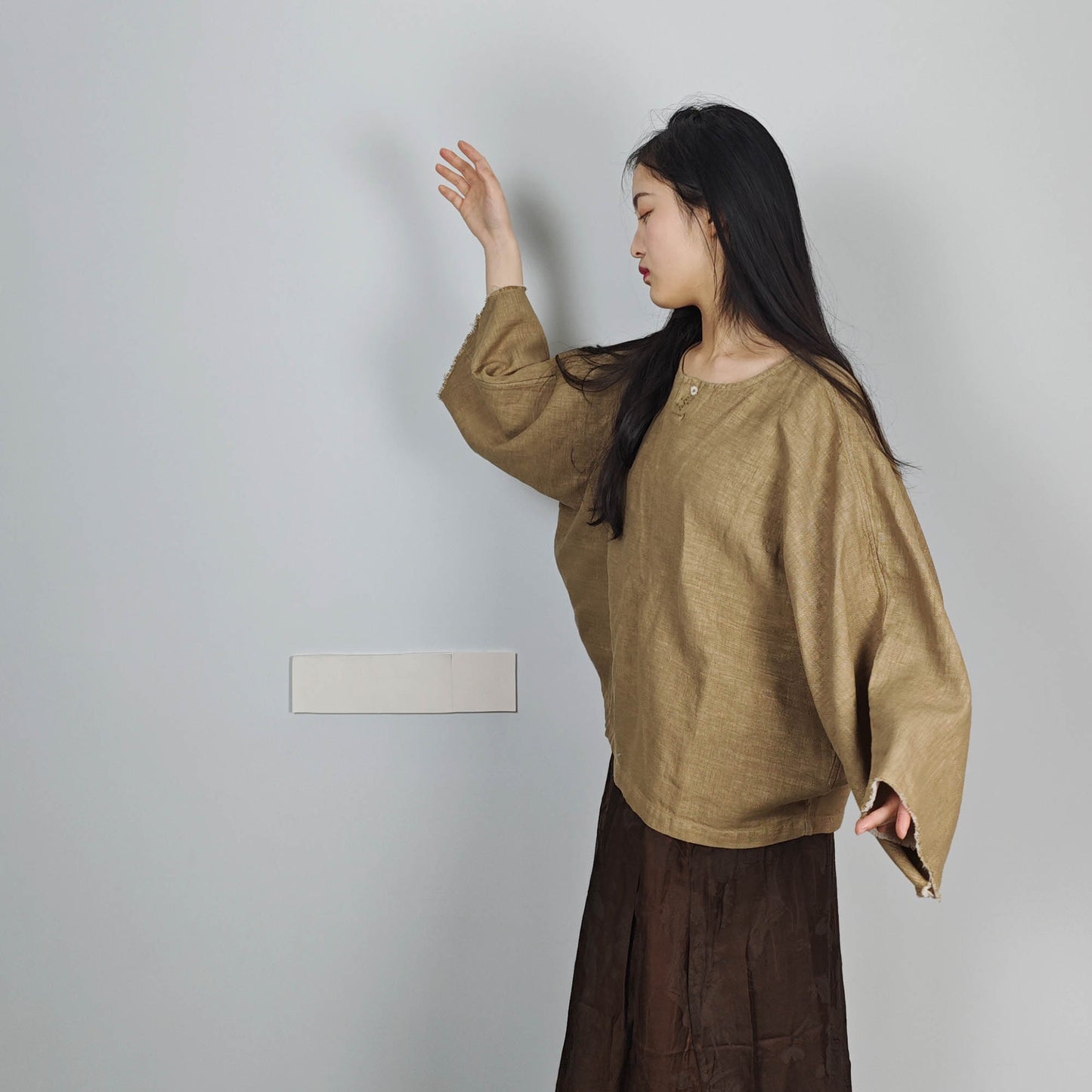 Linen top duel layer linen top with raw edge sleeves hem hand embroidery detail loose fit crop top comfy style linen top for women