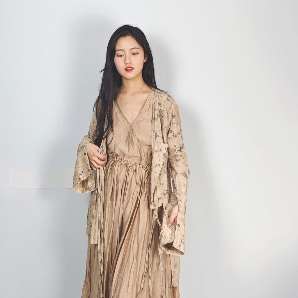 Tencel blouse extra long sleeves drawstring closure on the front light khaki color open cardigan