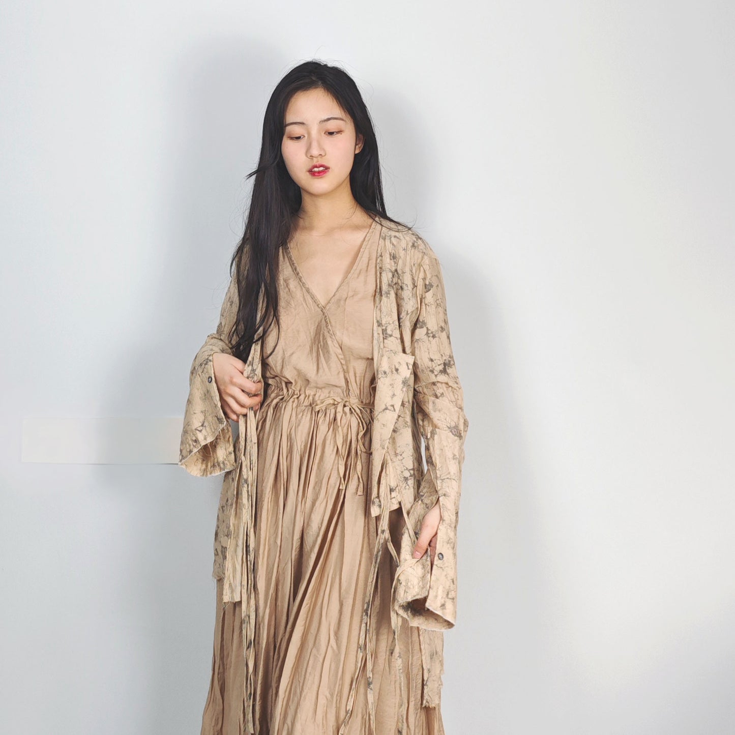Tencel blouse extra long sleeves drawstring closure on the front light khaki color open cardigan