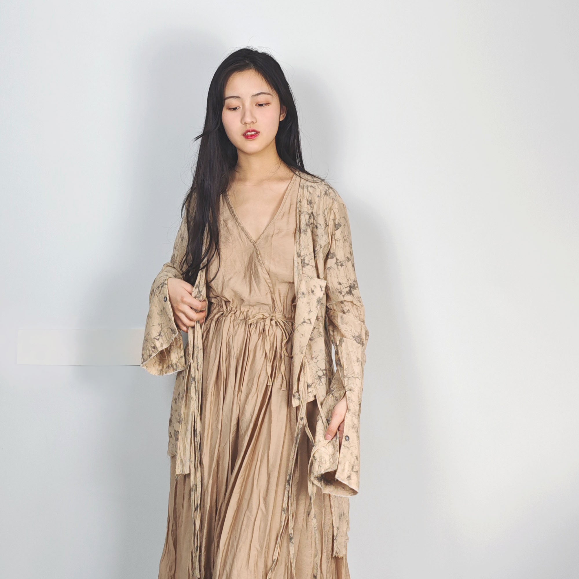 Tencel blouse extra long sleeves drawstring closure on the front light khaki color open cardigan