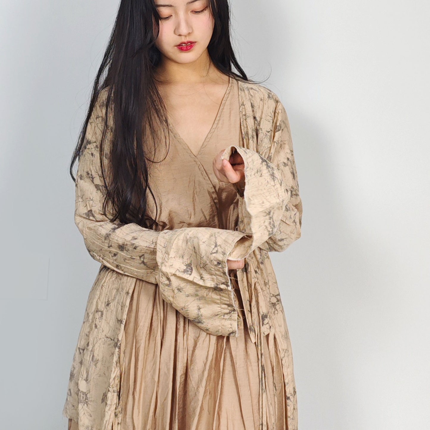 Tencel blouse extra long sleeves drawstring closure on the front light khaki color open cardigan