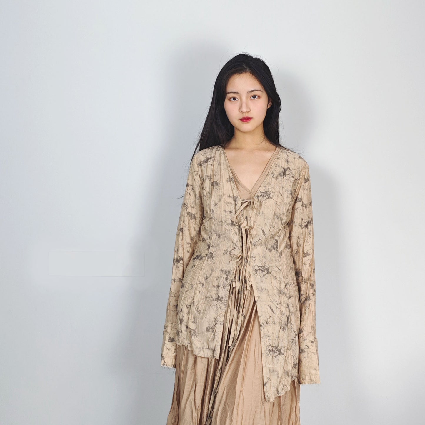 Tencel blouse extra long sleeves drawstring closure on the front light khaki color open cardigan