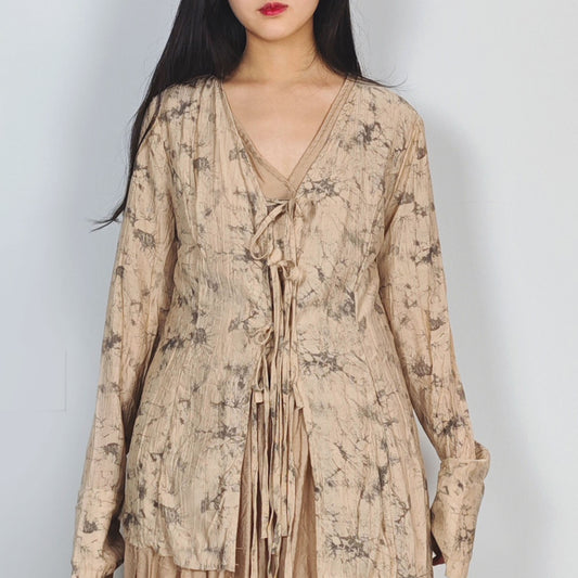 Tencel blouse extra long sleeves drawstring closure on the front light khaki color open cardigan