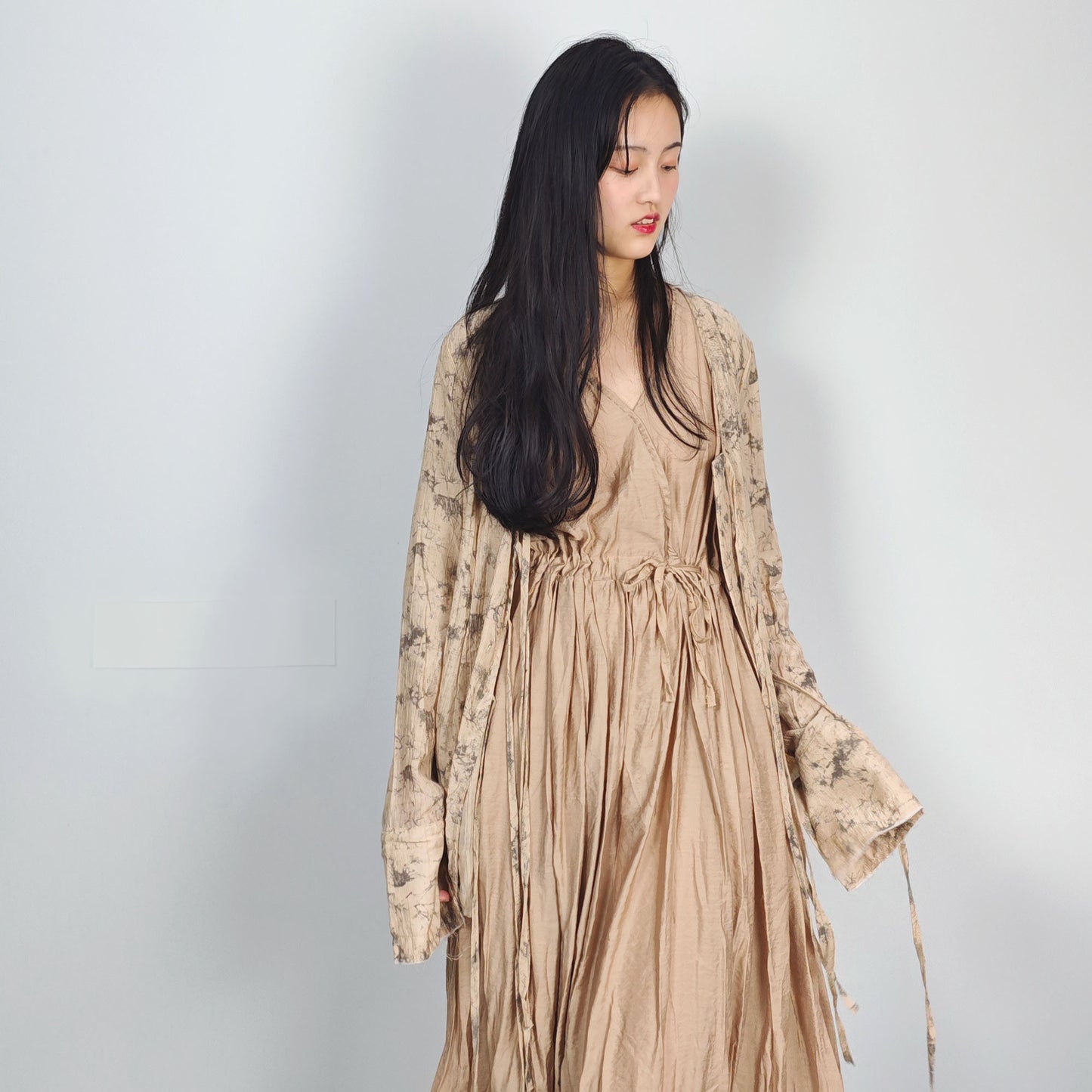 Tencel blouse extra long sleeves drawstring closure on the front light khaki color open cardigan
