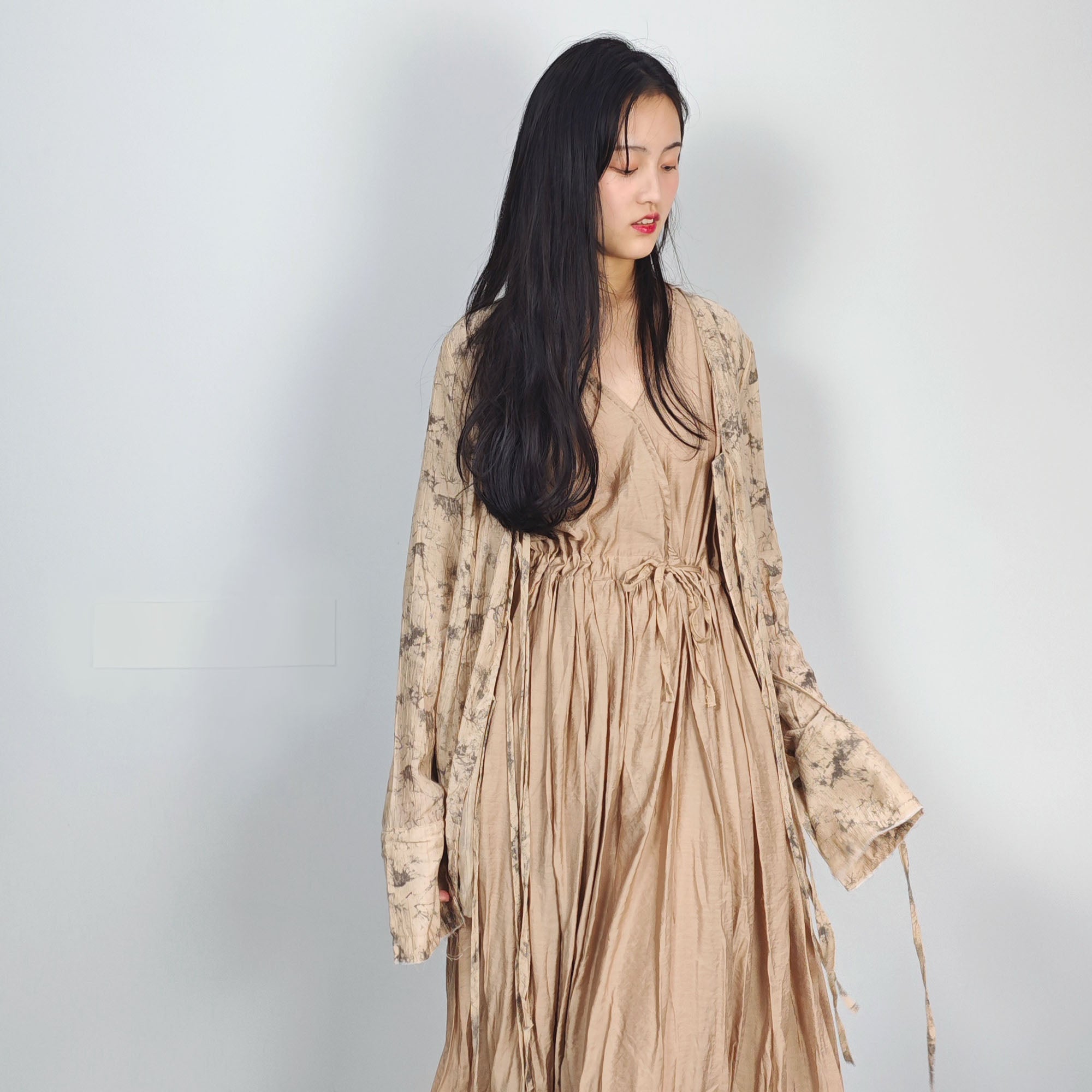 Tencel blouse extra long sleeves drawstring closure on the front light khaki color open cardigan