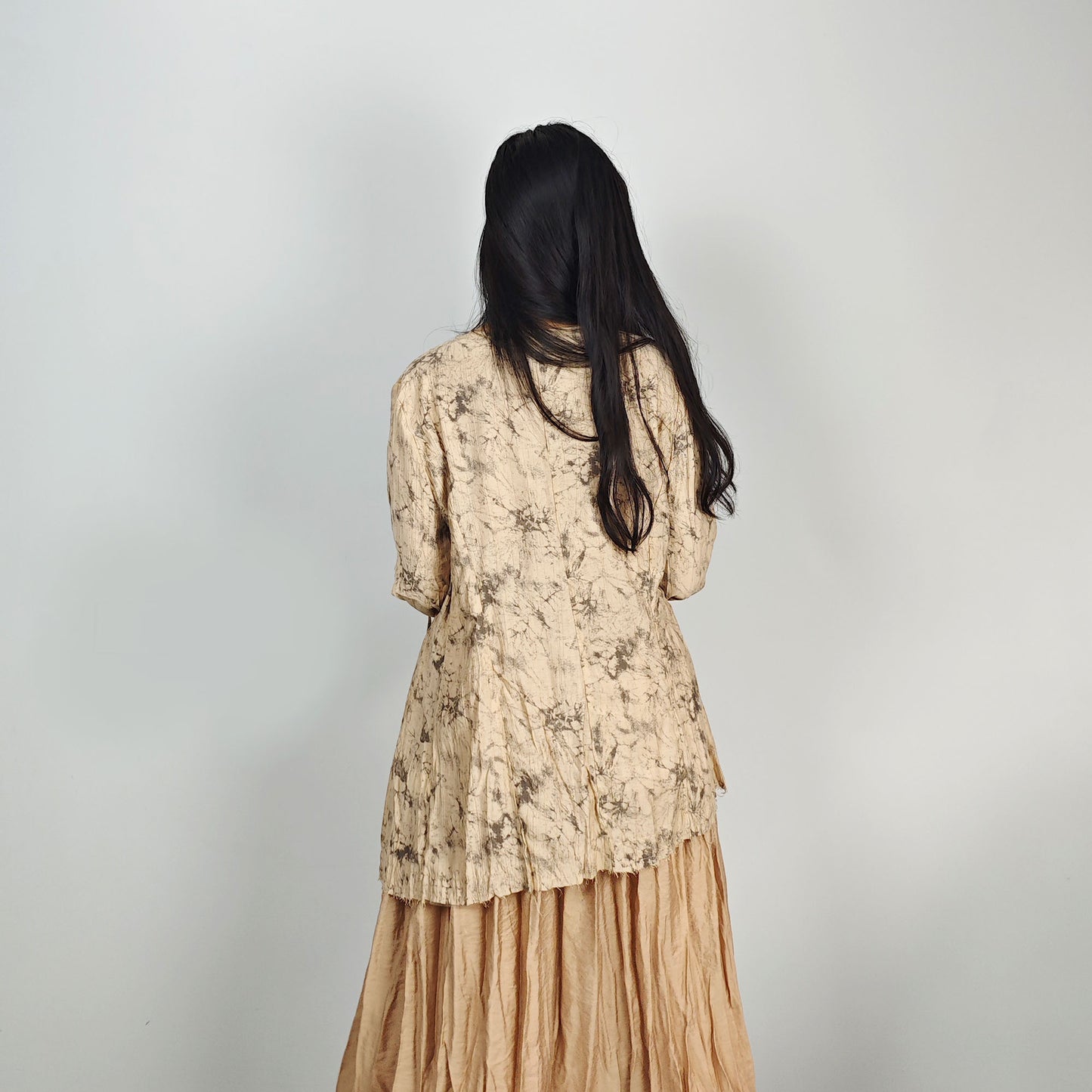 Tencel blouse extra long sleeves drawstring closure on the front light khaki color open cardigan