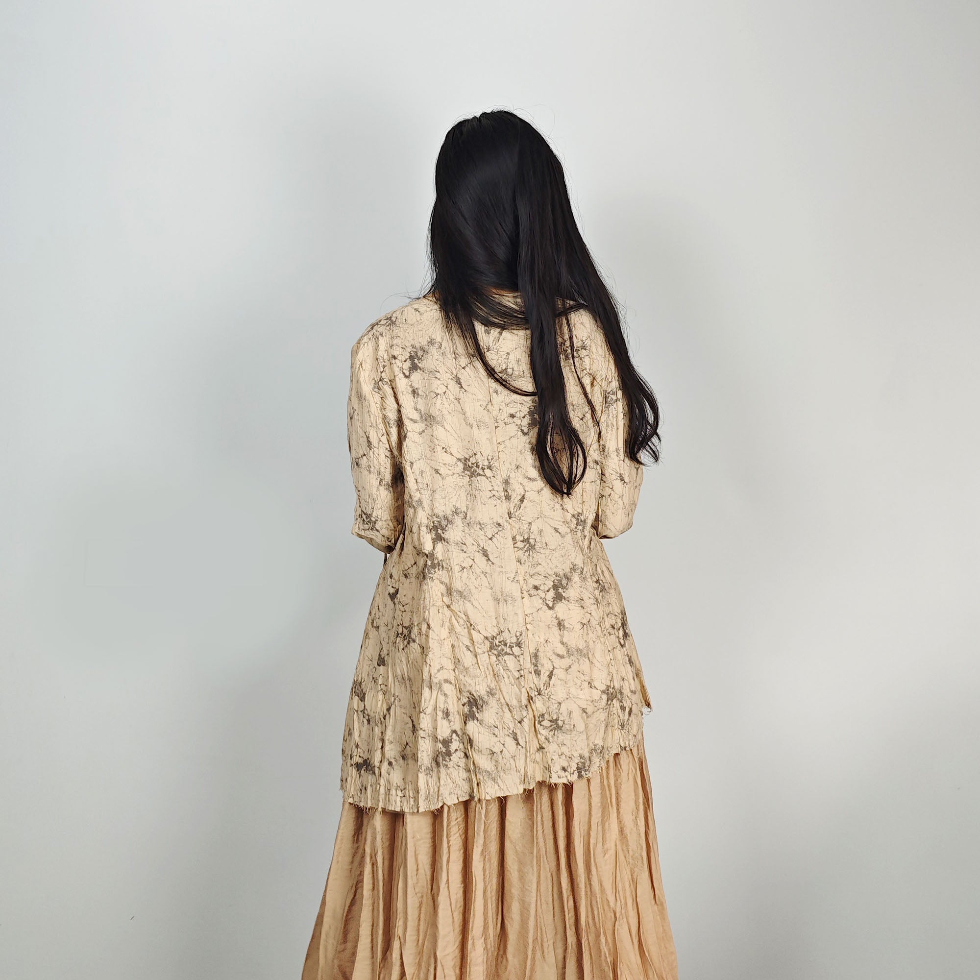 Tencel blouse extra long sleeves drawstring closure on the front light khaki color open cardigan