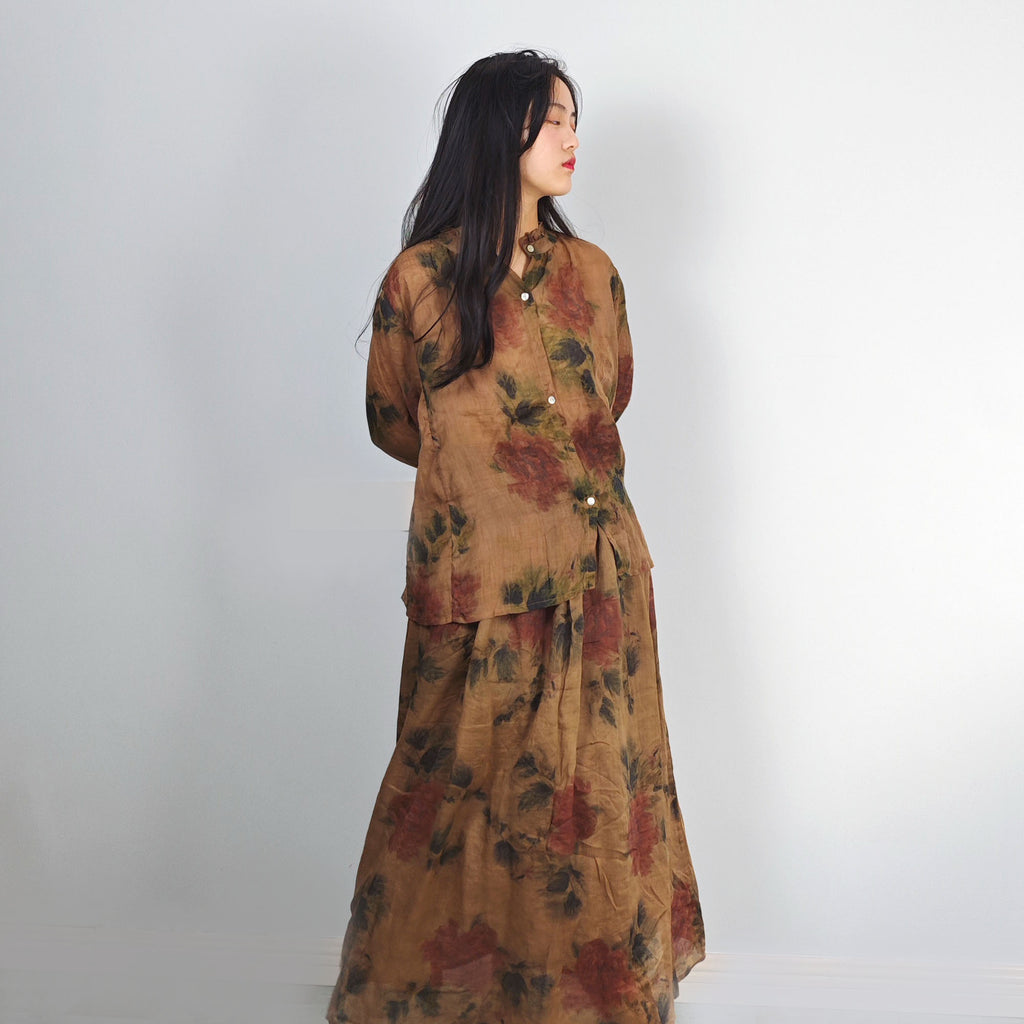 Loose fit Ramie shirt with skirt retro style floral prints light weight ramie summer shirt loose fit relax skirt