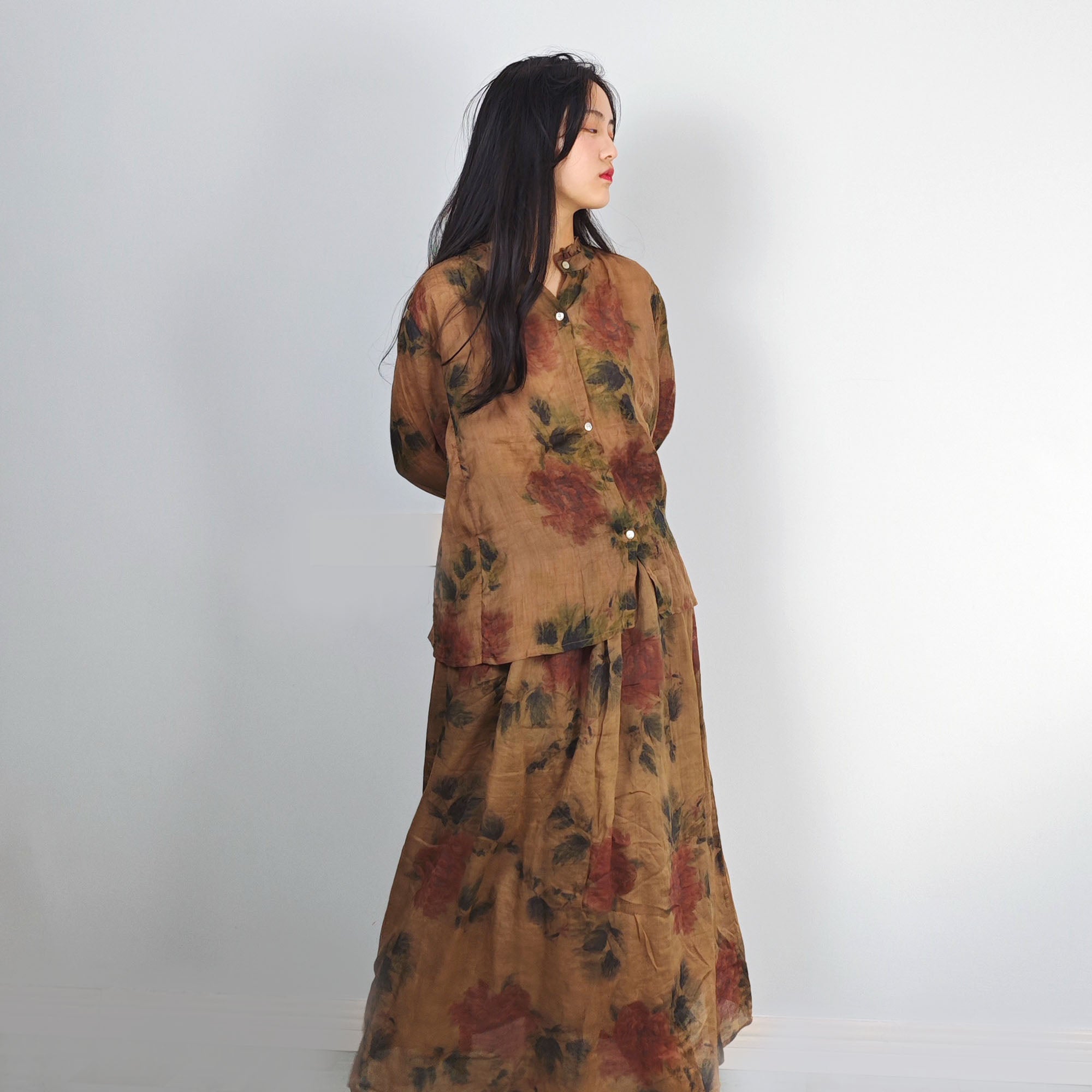 Loose fit Ramie shirt with skirt retro style floral prints light weight ramie summer shirt loose fit relax skirt