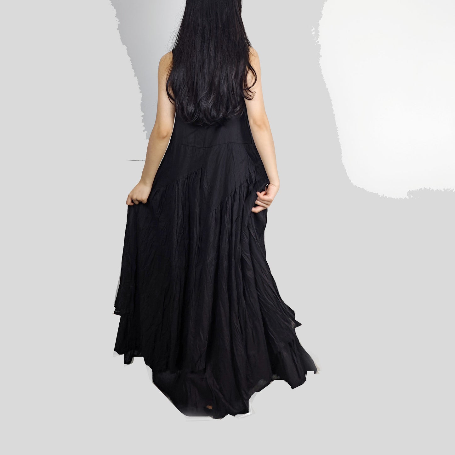 Black cotton voile slip dress gather dress with large volume and gathers