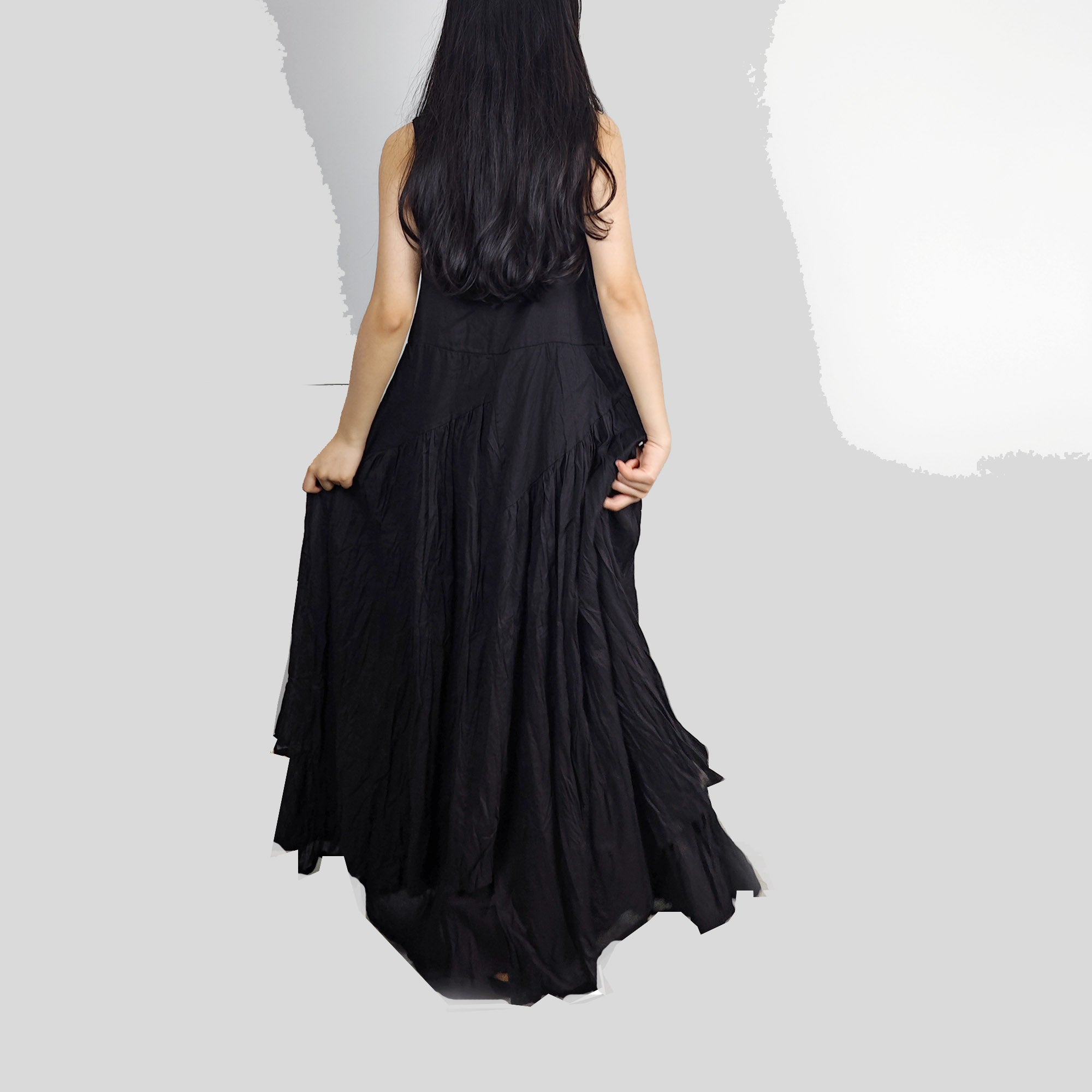 Black cotton voile slip dress gather dress with large volume and gathers