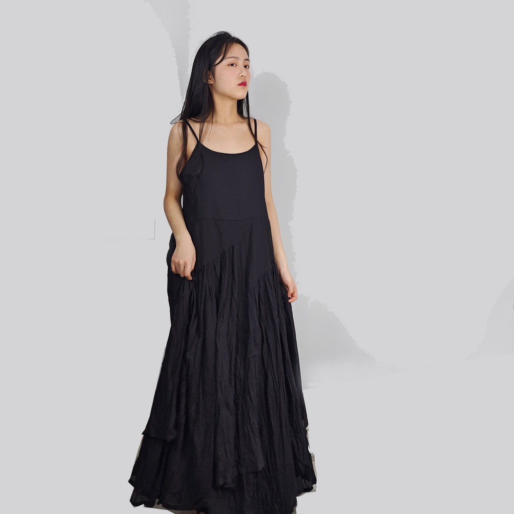 Black cotton voile slip dress gather dress with large volume and gathers