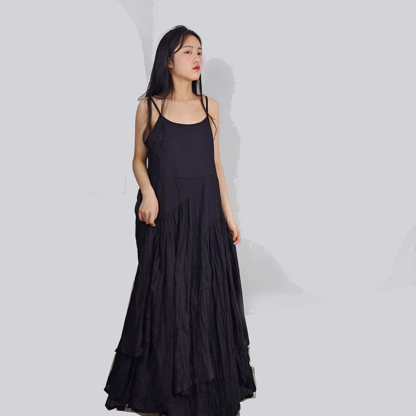 Black cotton voile slip dress gather dress with large volume and gathers