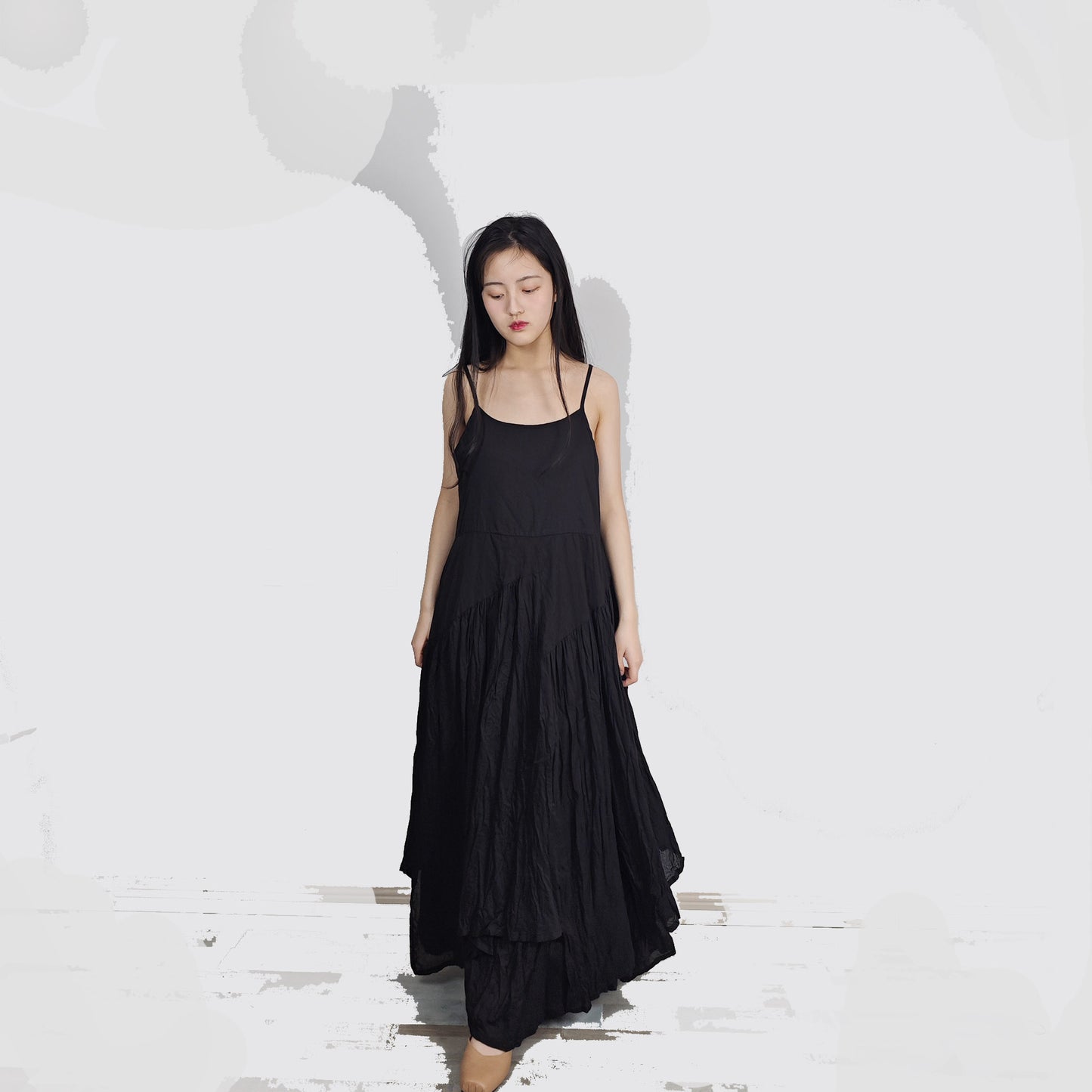 Black cotton voile slip dress gather dress with large volume and gathers