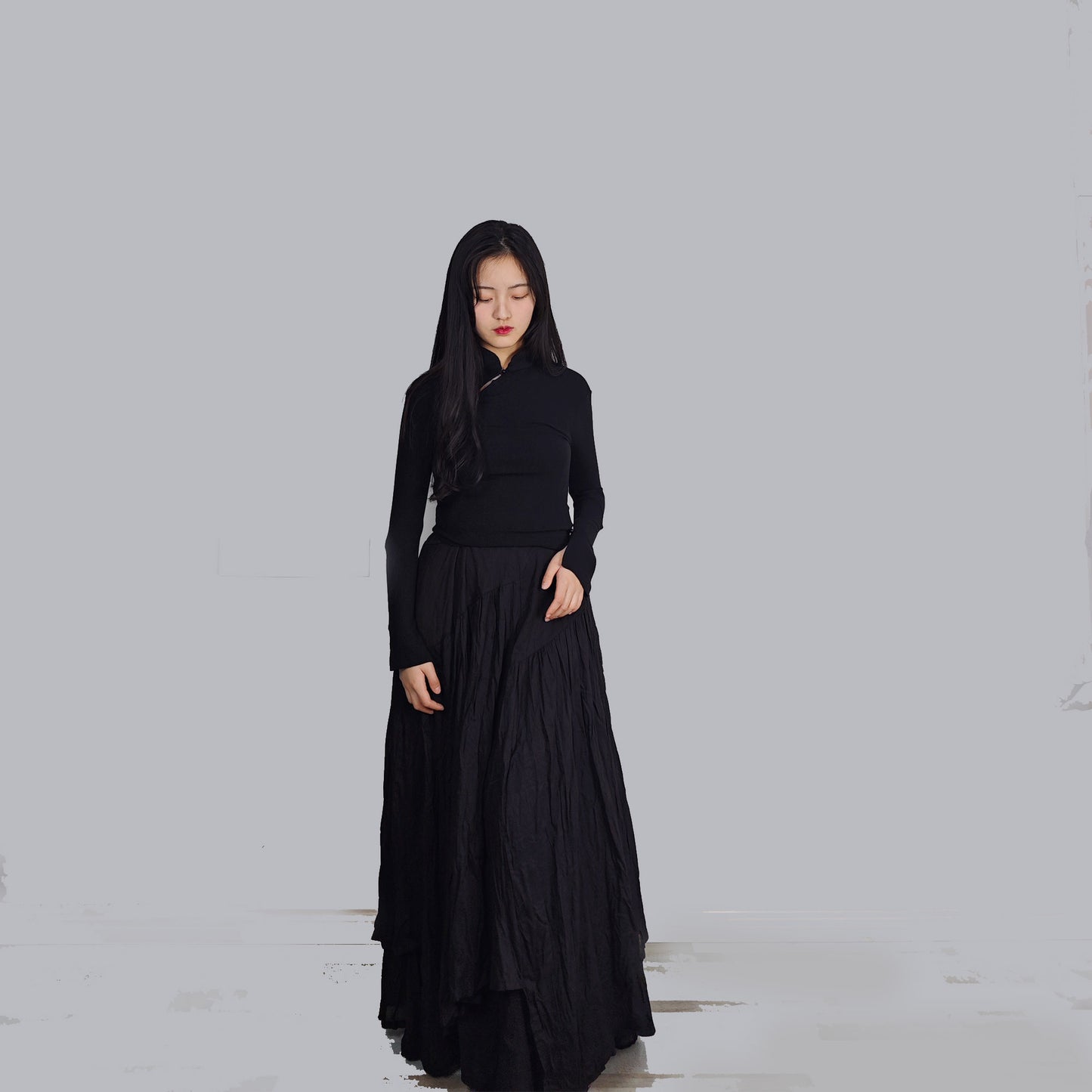Black jersey top qipao details with horrow cut snug fit qipao blouse jersey qipao top Chinese style top Chinese style blouse
