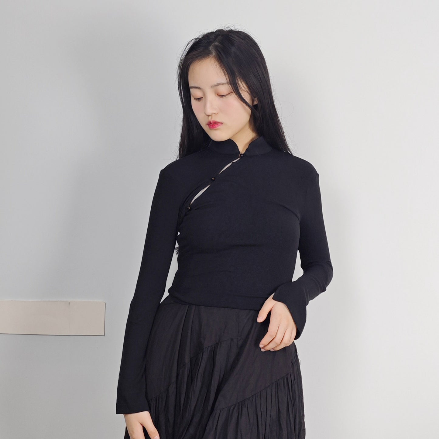 Black jersey top qipao details with horrow cut snug fit qipao blouse jersey qipao top Chinese style top Chinese style blouse