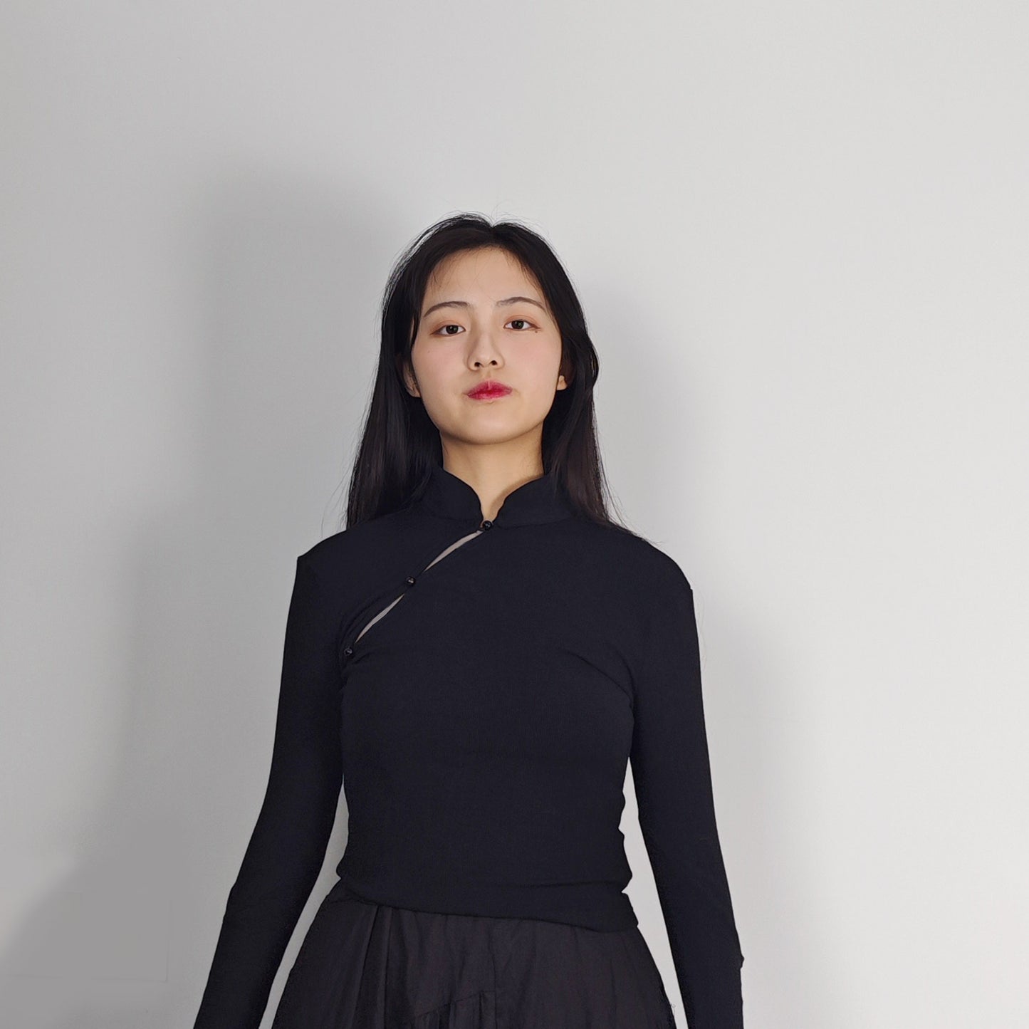 Black jersey top qipao details with horrow cut snug fit qipao blouse jersey qipao top Chinese style top Chinese style blouse