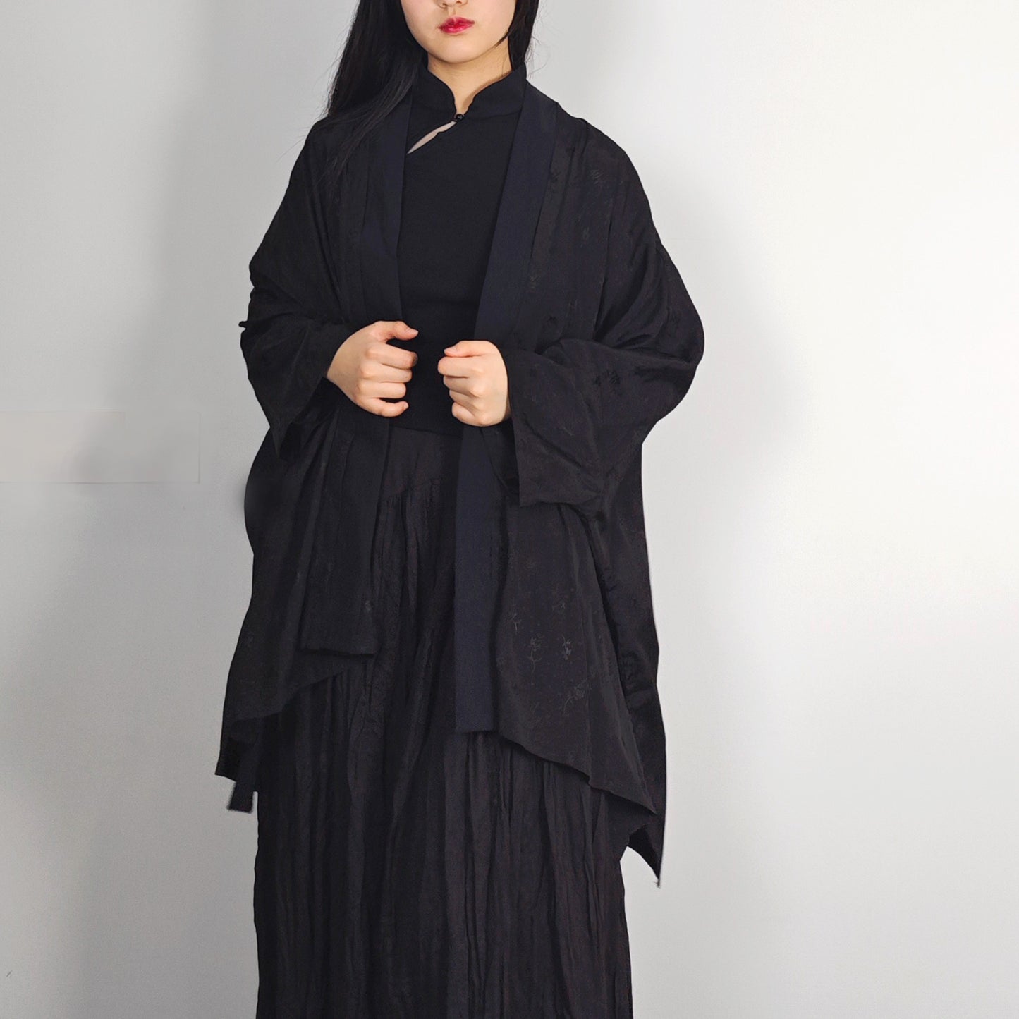 Black viscose silky hanfu cardigan black silky cardigan kimono style top layer Chinese style over coat top layer blouse black kimono
