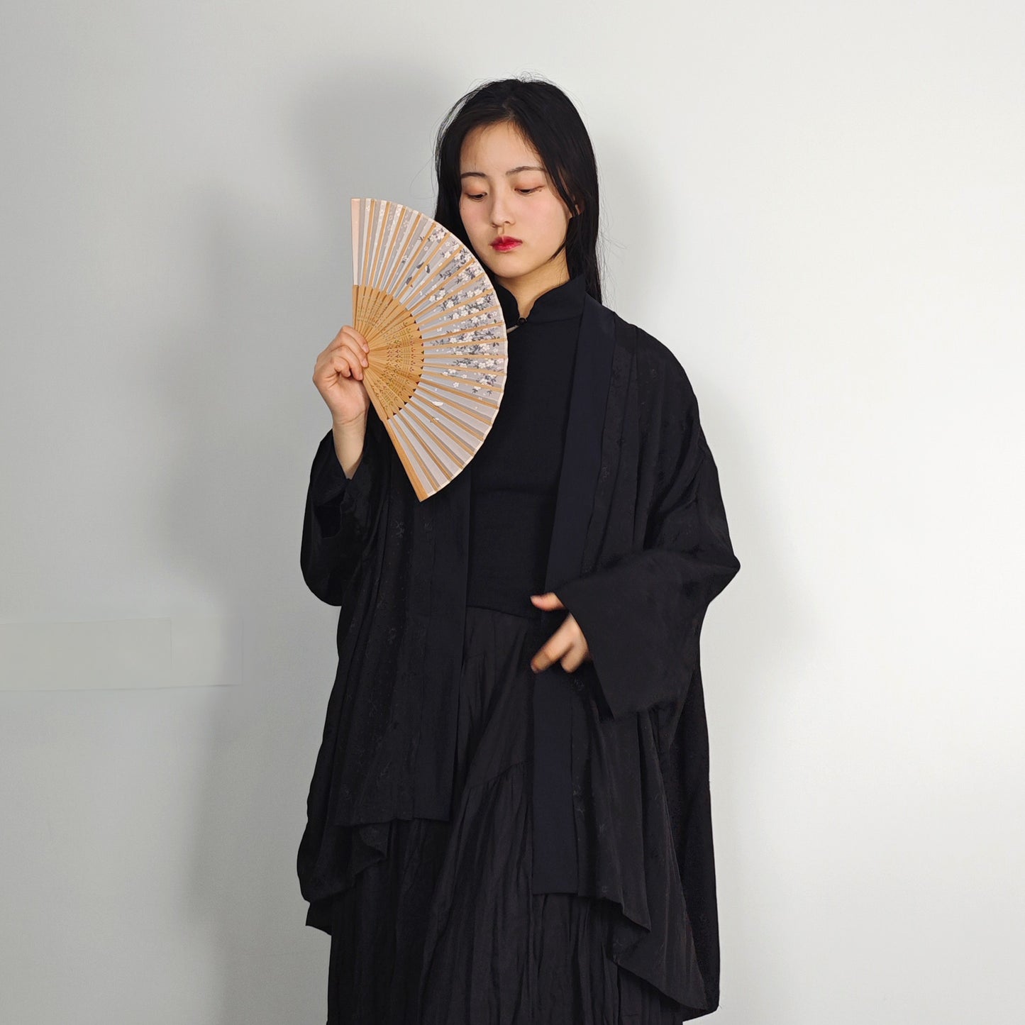 Black viscose silky hanfu cardigan black silky cardigan kimono style top layer Chinese style over coat top layer blouse black kimono