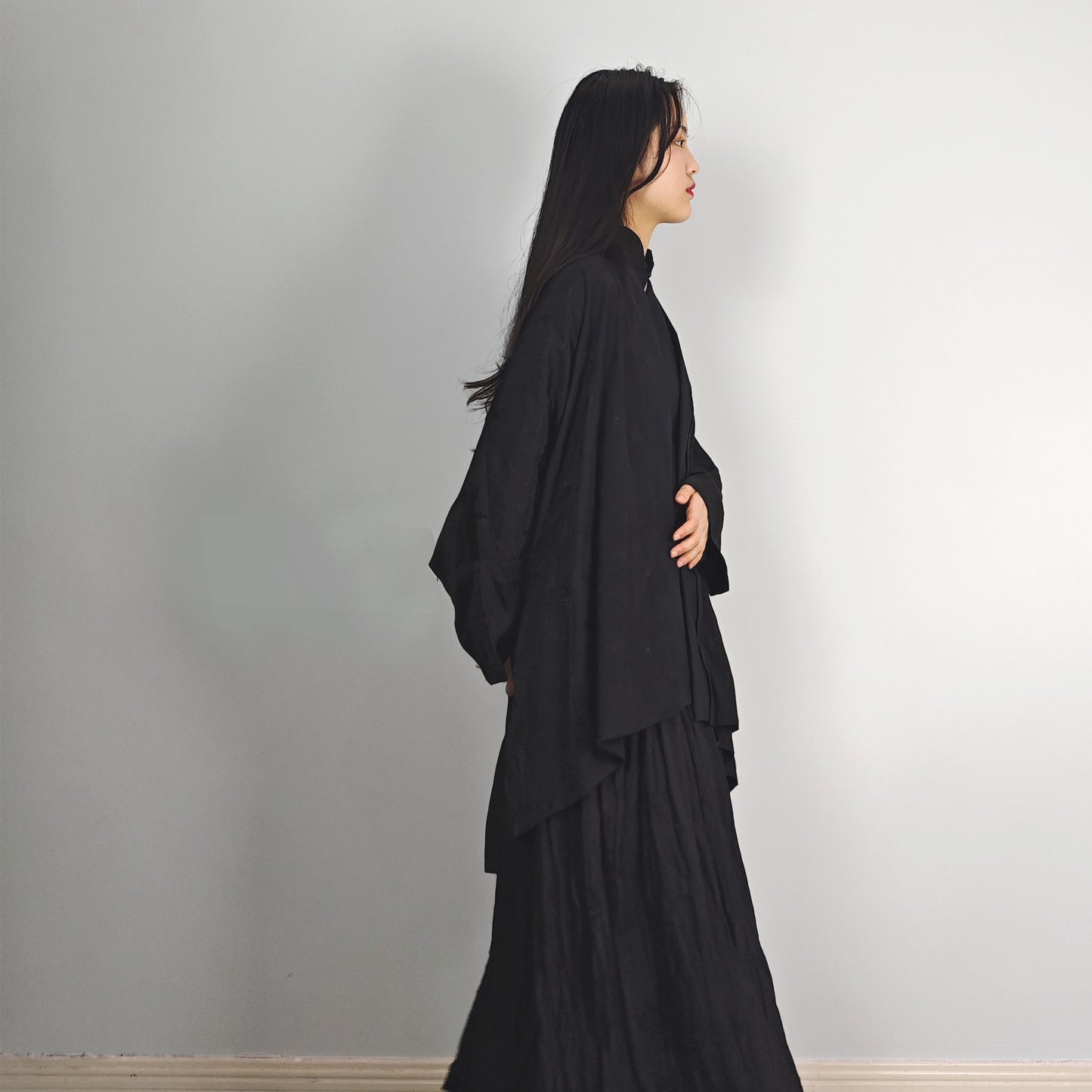 Black viscose silky hanfu cardigan black silky cardigan kimono style top layer Chinese style over coat top layer blouse black kimono