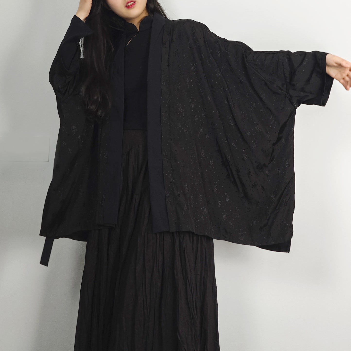 Black viscose silky hanfu cardigan black silky cardigan kimono style top layer Chinese style over coat top layer blouse black kimono