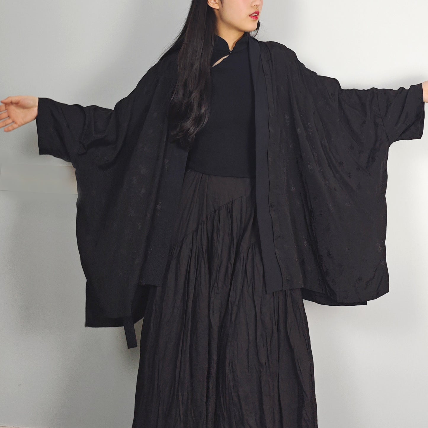Black viscose silky hanfu cardigan black silky cardigan kimono style top layer Chinese style over coat top layer blouse black kimono