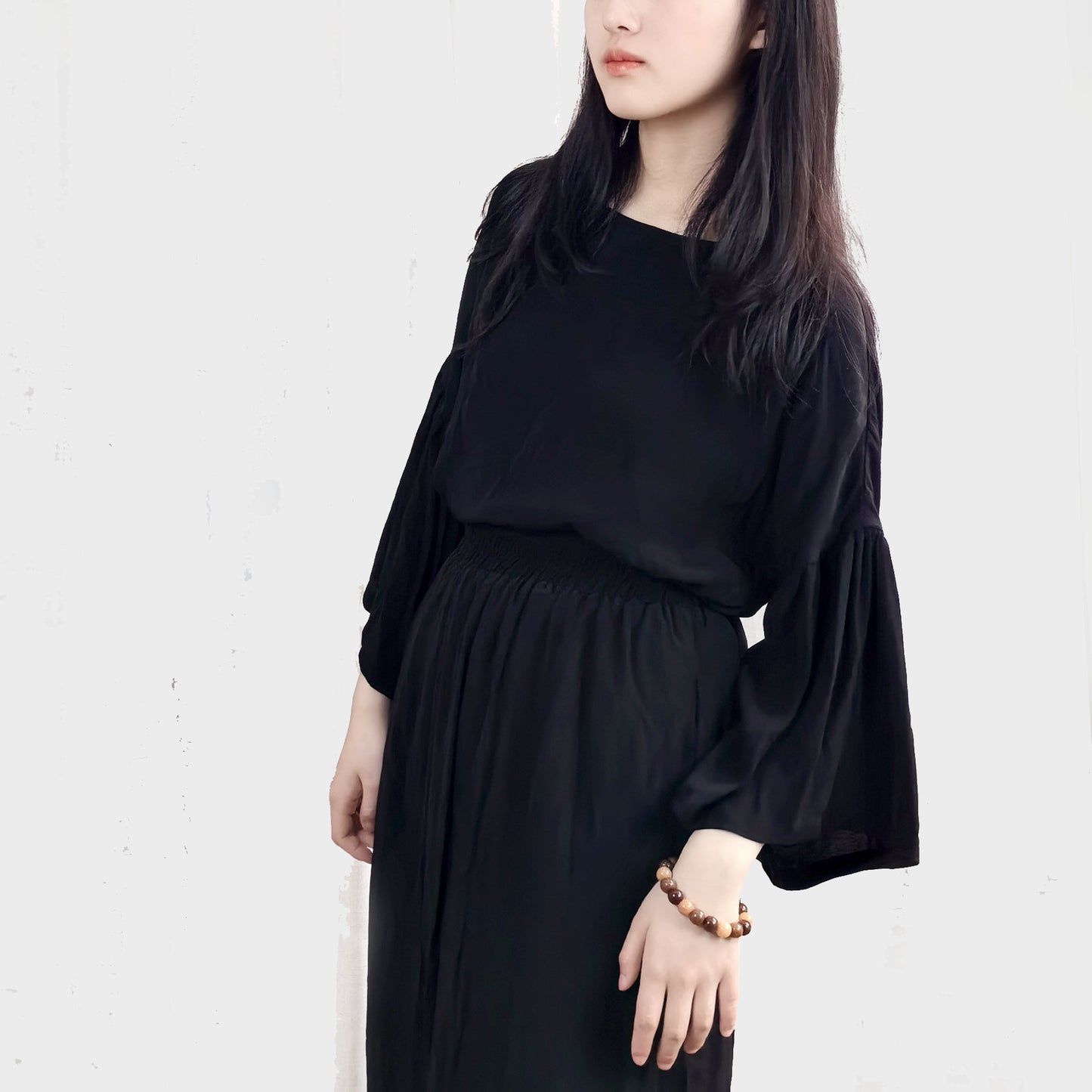 Neza StudioBlack viscose Linen Top and Skirt  Set For Woman wide sleeves blouse elastic band skirt soft viscose linen blneded fabric
