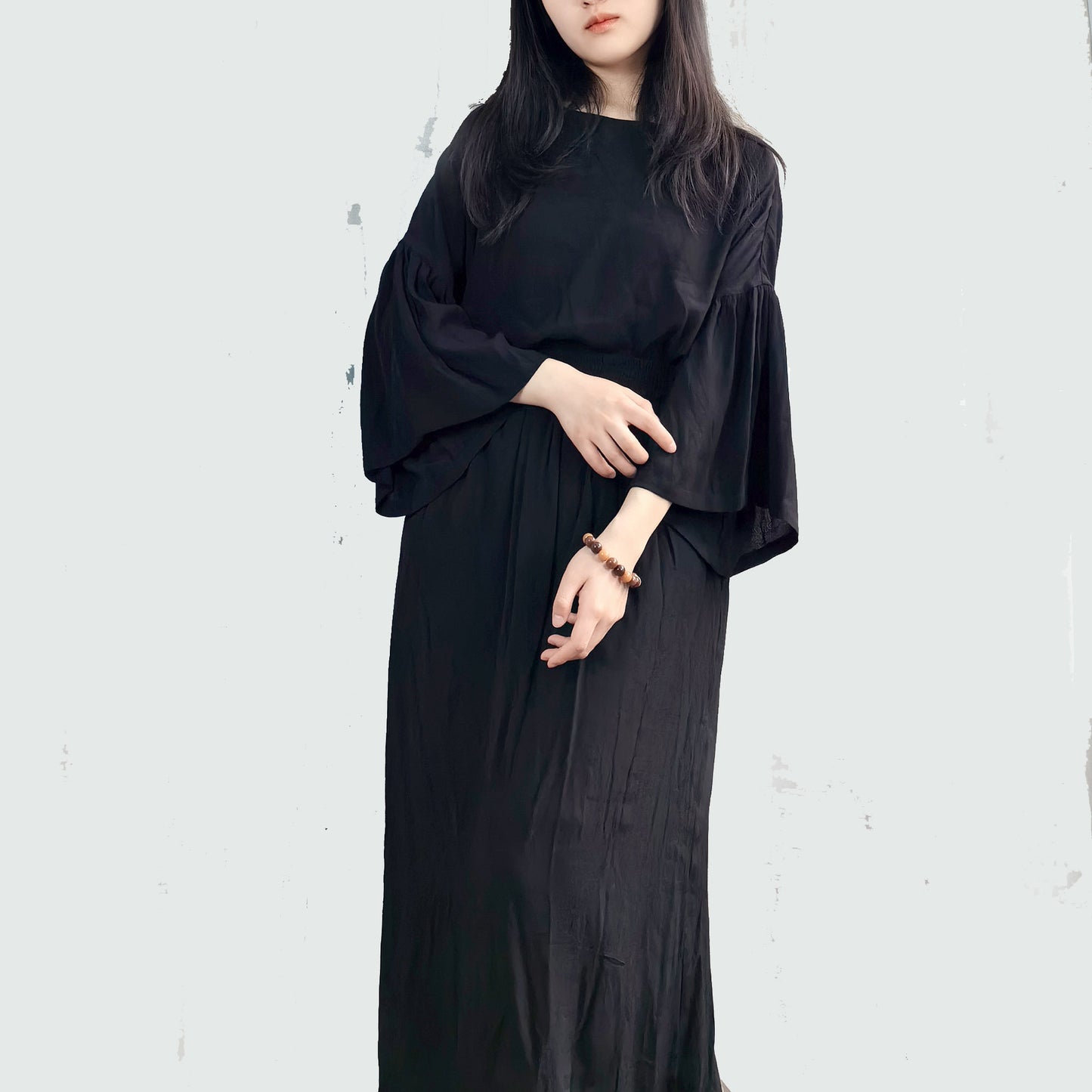 Neza StudioBlack viscose Linen Top and Skirt  Set For Woman wide sleeves blouse elastic band skirt soft viscose linen blneded fabric