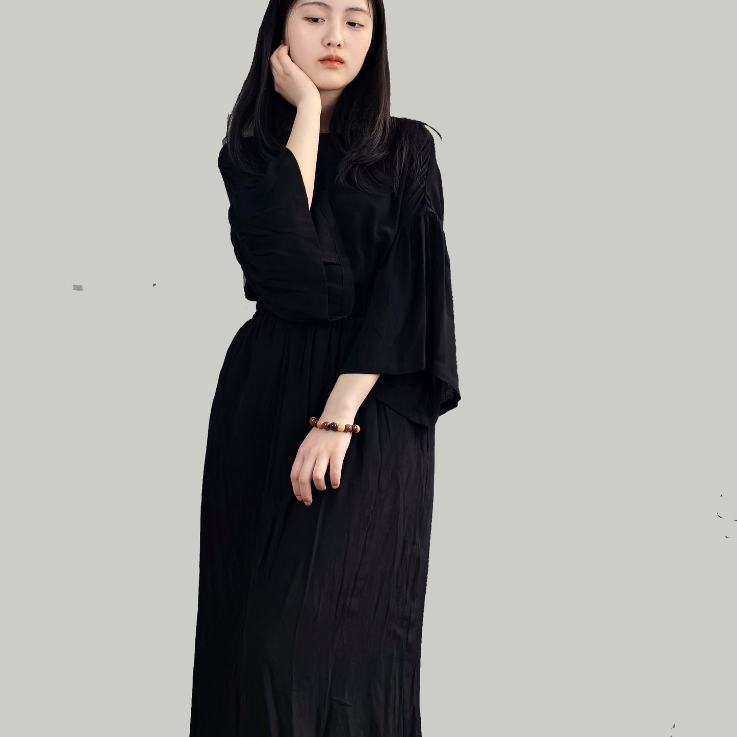 Neza StudioBlack viscose Linen Top and Skirt  Set For Woman wide sleeves blouse elastic band skirt soft viscose linen blneded fabric