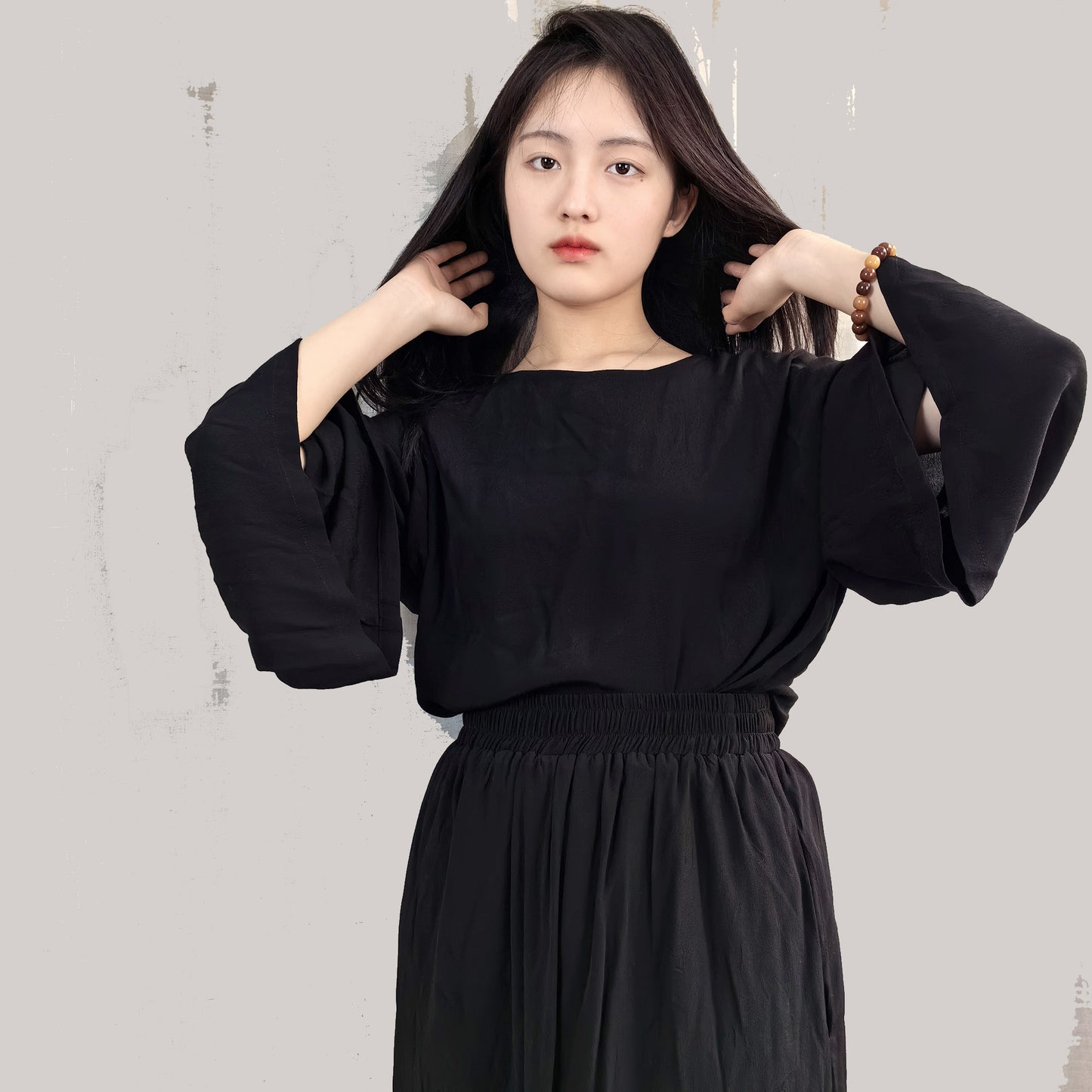 Neza StudioBlack viscose Linen Top and Skirt  Set For Woman wide sleeves blouse elastic band skirt soft viscose linen blneded fabric